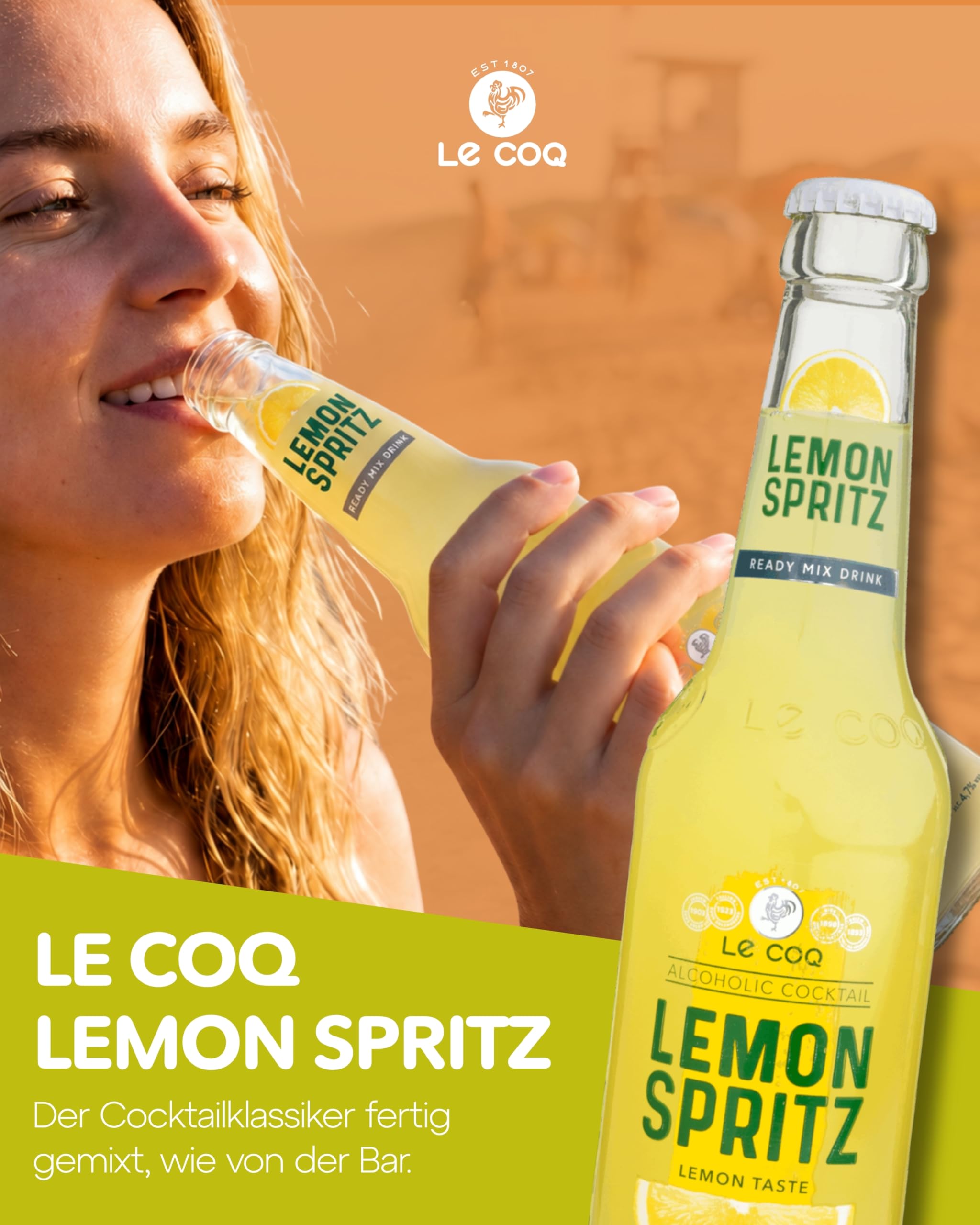 Le Coq Lemon Spritz RTD | 24 x 0,33 L | 4,7% Vol. | Erfrischender Lemon Spritz Cocktail fertig gemixt | Belebender Genuss mit Zitrone, spritzig & leicht | Gekühlt genießen perfekt für Unterwegs