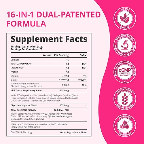 Miniatura 3 de VIVI Youth Verisol Multi Collagen Peptides Powder for Women  Fórmula 16 en 1 con colágeno tipo I, II, III, V, ácido hialurónico, biotina,