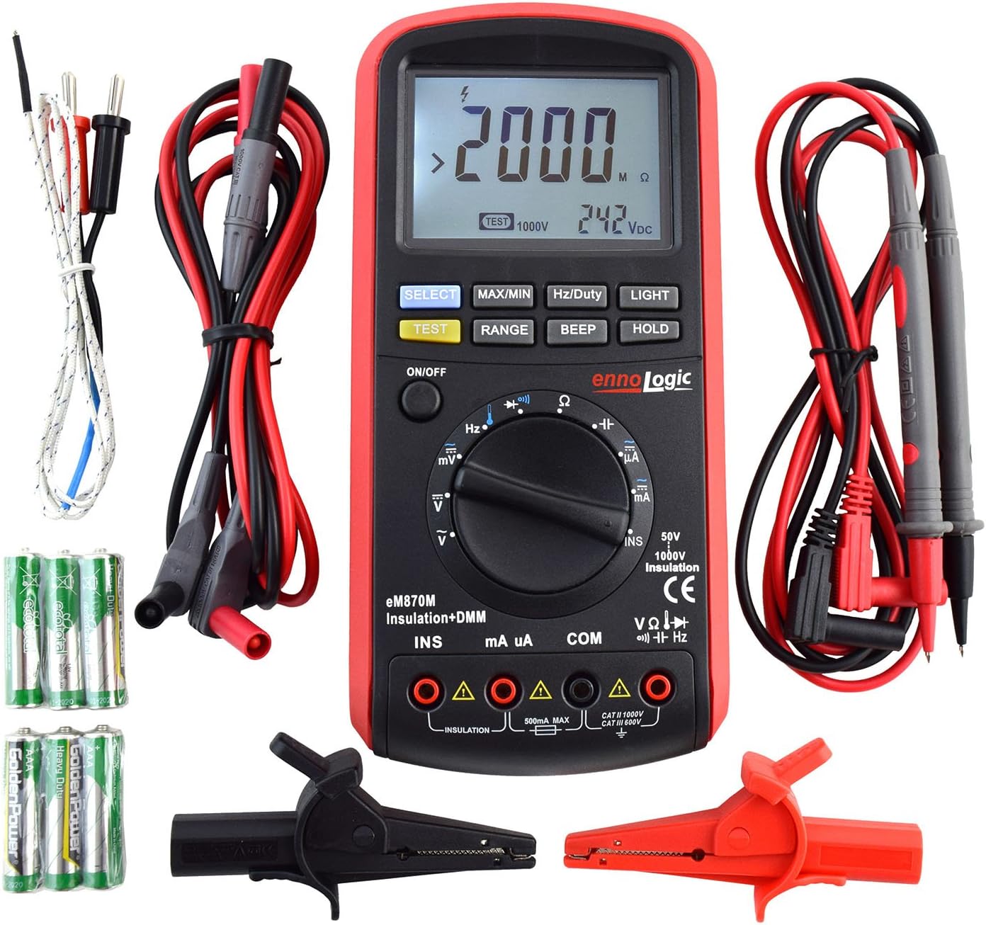 - eM870M Insulation Tester by ennoLogic 50/100/250/500/1000V – Megohmmeter & Multimeter with 50k to 2G Ohms Insulation Resistance, DC/AC TRMS Voltage, Current, Capacitance, Frequency, and Temperature