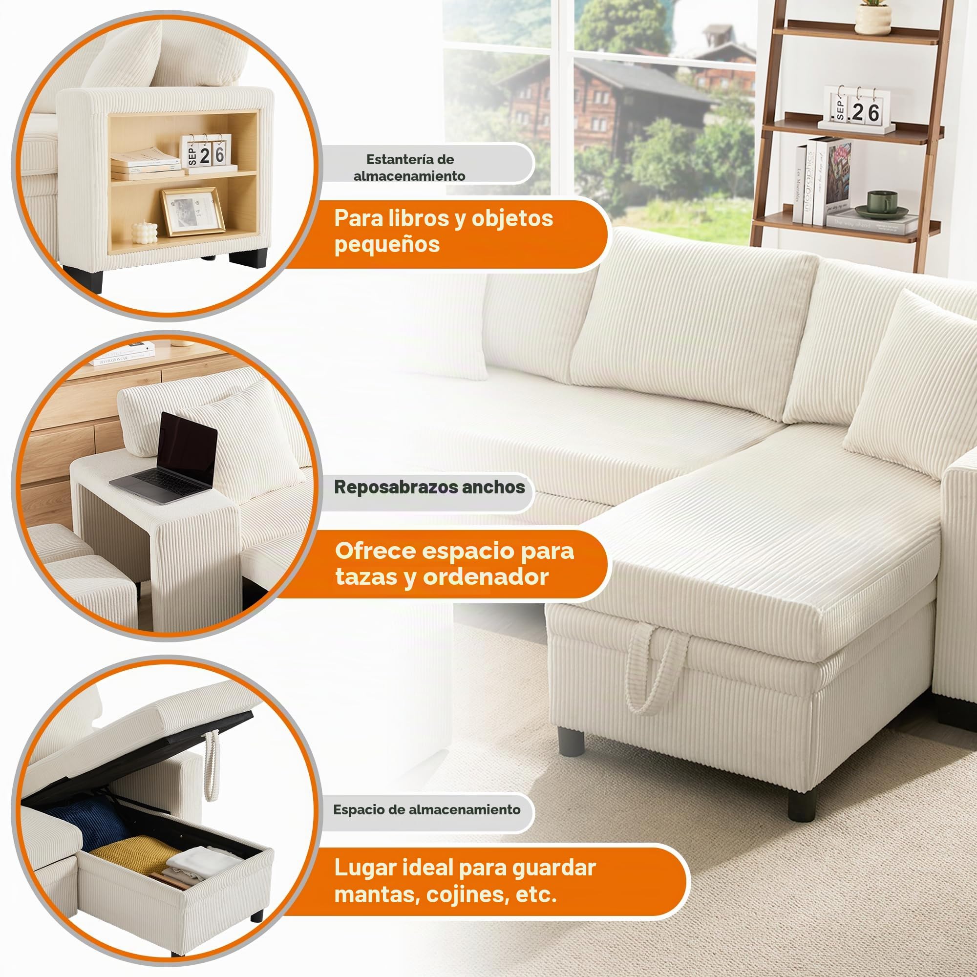 Sofá plegable convertible en L con dormitorio, carga USB y estantes laterales
