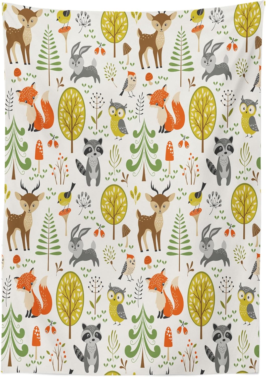 Ambesonne Animals Tablecloth, Woodland Forest Animals Trees Birds Owls Fox Bunny Deer Raccoon Mushroom Print, Rectangular Table Cover for Dining Room Kitchen Decor, 60" X 84", Orange Yellow 60" X 84" Orange Yellow