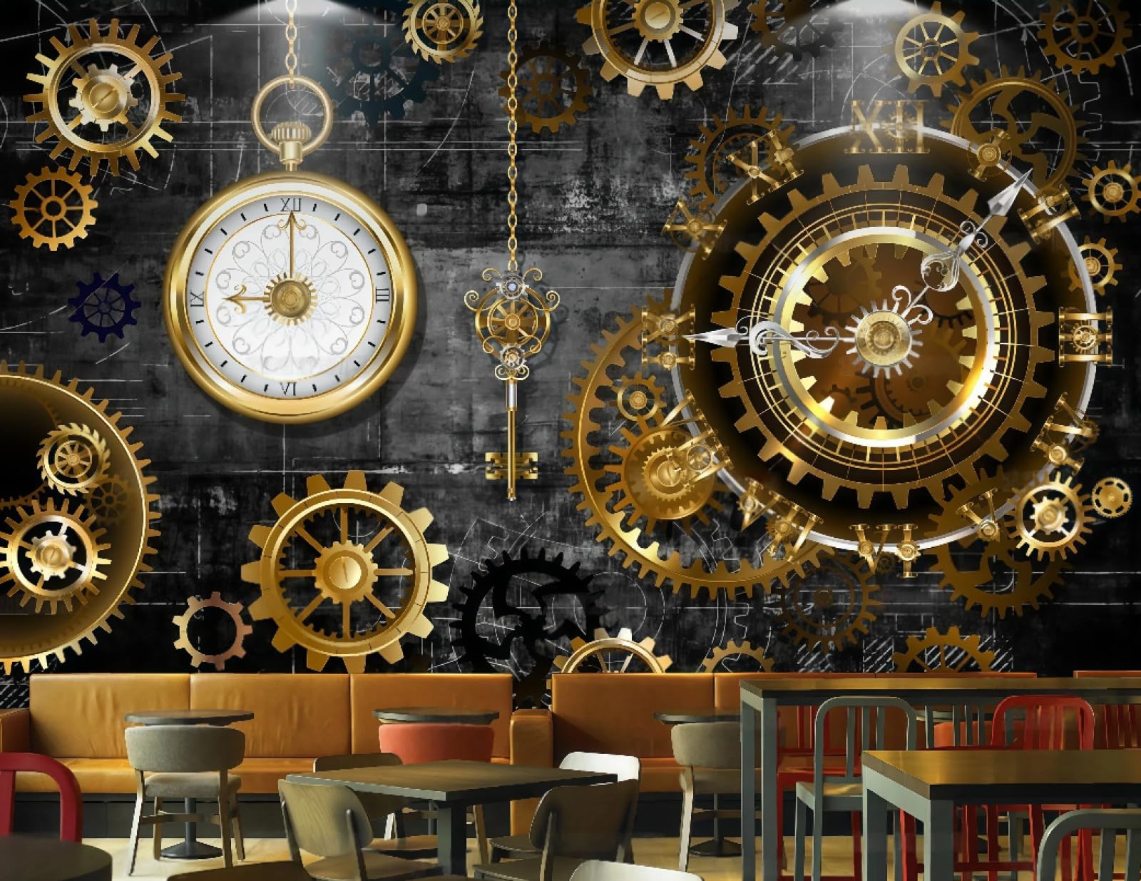 XDOUBAO Wallpaper Fashion Three-Dimensional Golden Gear Clock Blackboard Bar Afternoon Tea Coffee Shop Background Mural Western Restaurant Wallpaper,3D,300x210cm