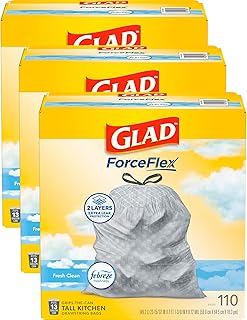 ForceFlex Tall Kitchen Trash Bags, 13 Gallon, Fresh Clean, 110 Ct, 3 Pack (Package May Vary)
