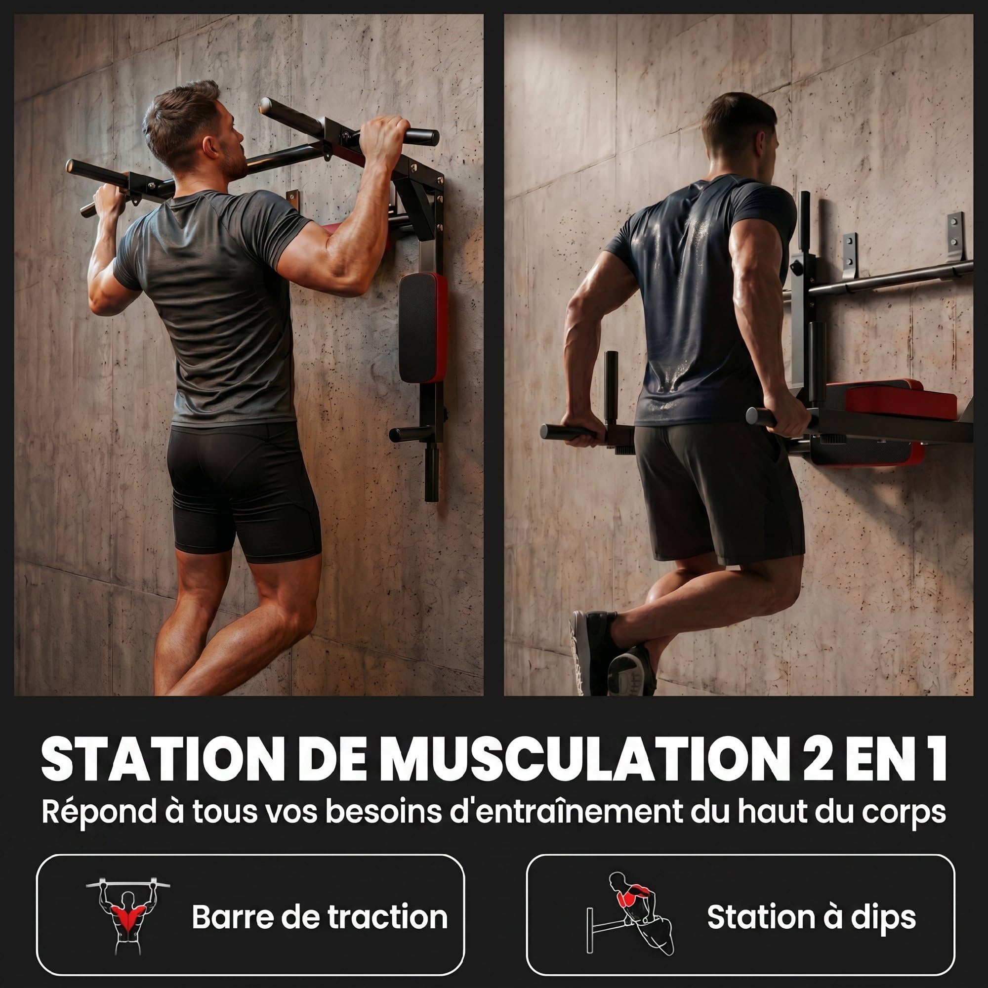 SPORTNOW Barre de Traction Murale 2-en-1, Station à Dips 200 kg Rouge