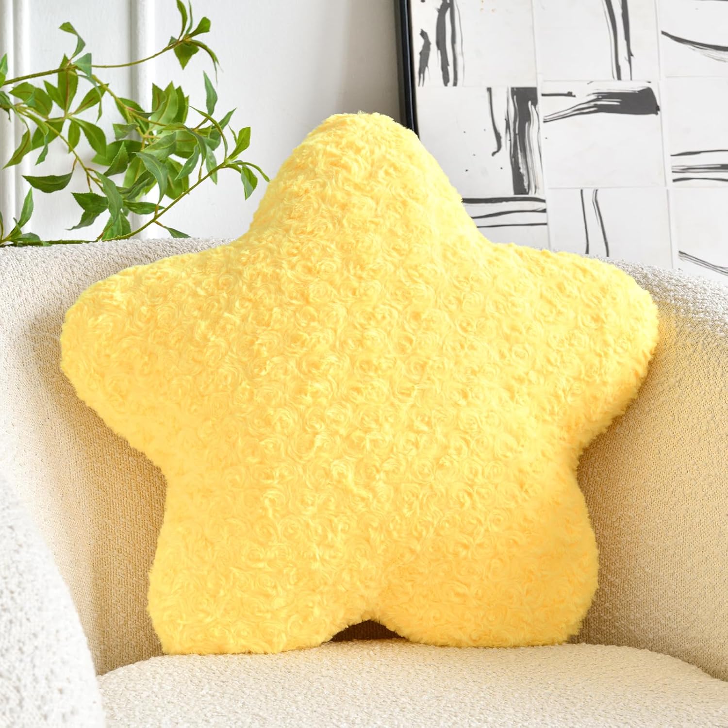Star Pillow, 19.7" Star Shaped Plush Pillow for Couch Bed Sofa, Cute Decorative Throw Pillows with Soft Faux Fur Room Decor for Bedroom Living Room (Yellow)