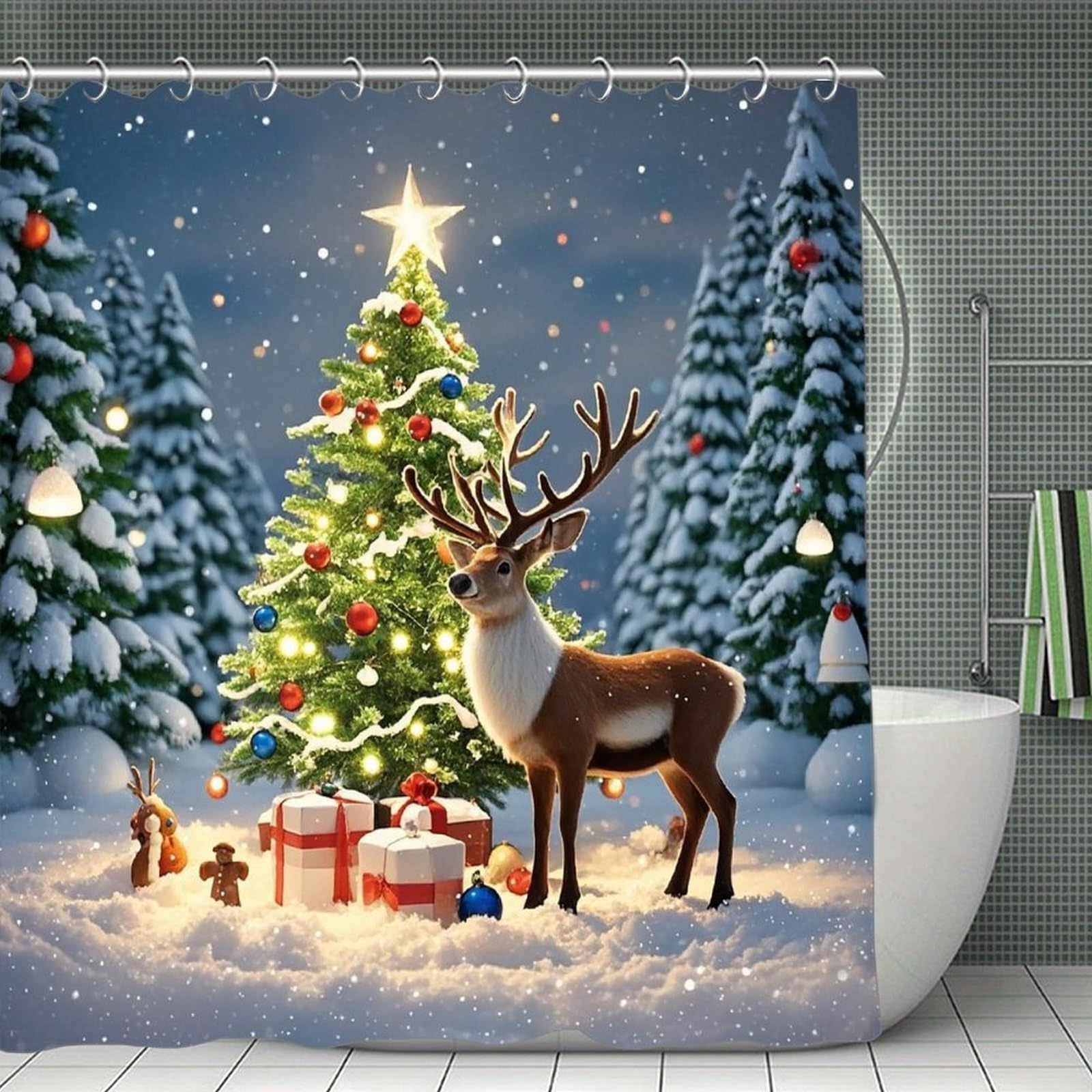 FekiLoot Christmas Tree and Reindeer Shower Curtain Minimalist Thick Bathroom Curtain Washable Modern Bathroom Shower Curtain Heavy Duty Waterproof Cloth Bath Curtain with Hooks 70.8"x70.8"