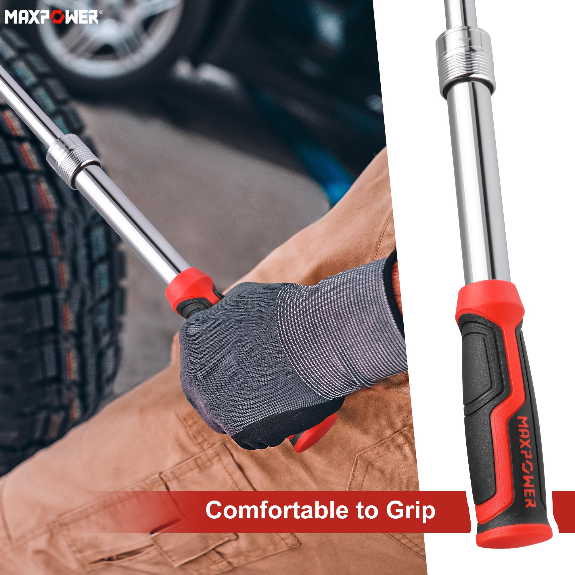 MAXPOWER Extendable Breaker Bar, Telescopic Breaker Bar 360°Flex Head Cheater Bar with Dual Drive 1/2 Inch & 3/8 Inch - Image 4