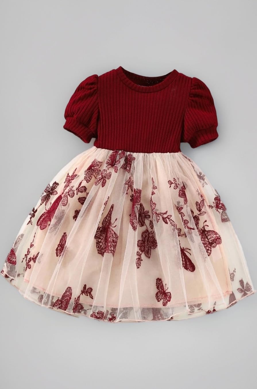 Girls Embroidery Pattern Cap Sleeve A-line Knee-Length Dress