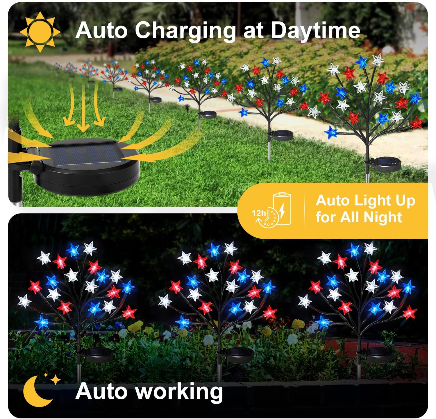 4th of July Solar Star Tree Lights Decorations Outdoor, Waterproof Red White and Blue Lights for Fourth of July Decor, Patriotic Decorations for Garden Yard Pathway Patio (2)
