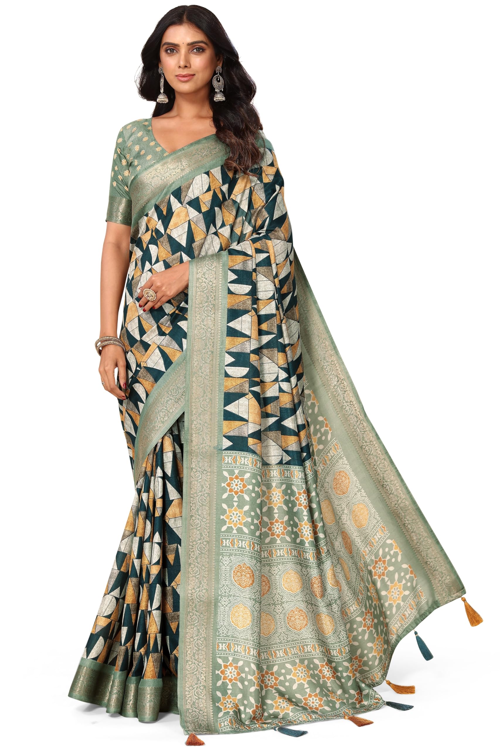mirchi fashion Pre-Draped 1 Minute Drape Silk Blend Saree with Functional Pocket || Geometric Printed Saree for Women || Stitched Pleats Saree for Wedding Guest-picture-28