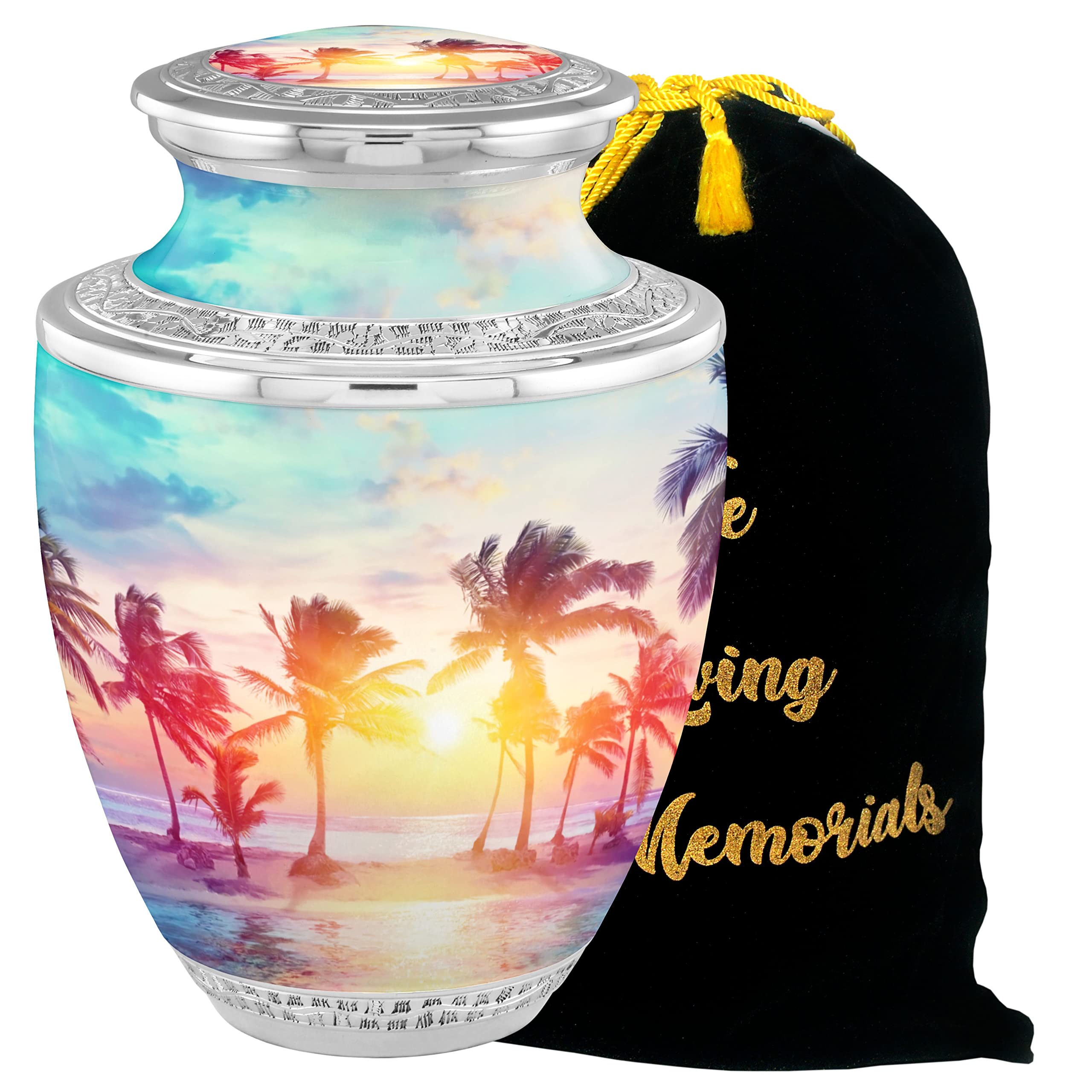 Beach Cremation Urns for Adult Ashes Male Female - Handcrafted Funeral Decorative Urns for Ashes Adult Male with Velvet Bag (Aesthetic Palm No Medallion