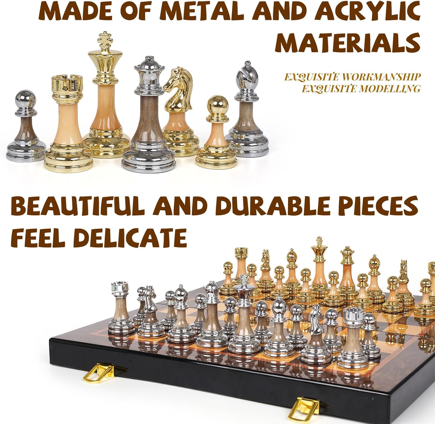 Luxury Large Metal & Acrylic Chess Set with Wooden Chess Board (17”) – Weighted Chess Pieces with 3.5” King, Foldable Tournament Chess Set for Adults and Kids, Professional Chess Game Set