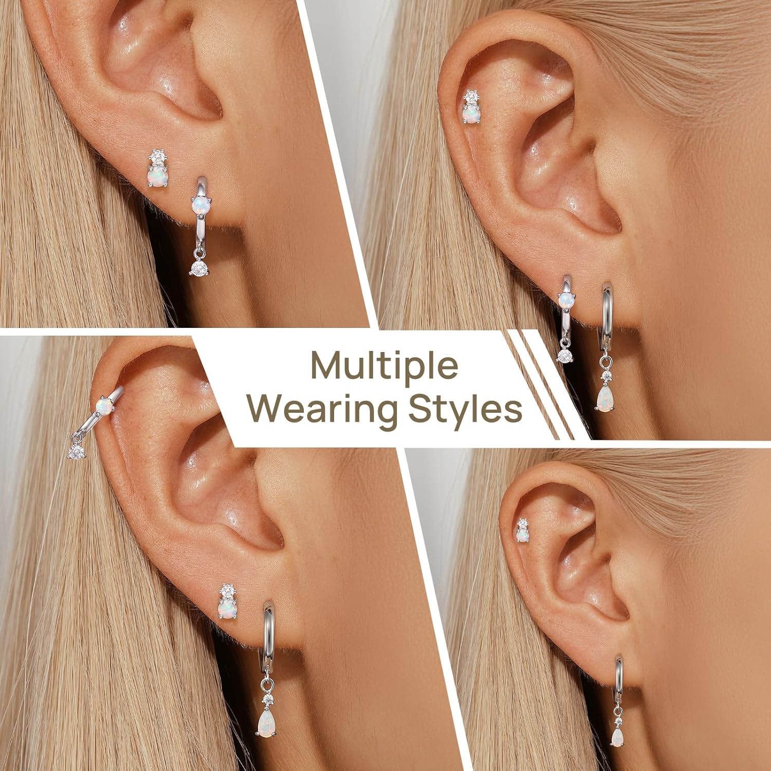 Angelady Opal Earrings Set for Women, Hypoallergenic S925 Sun Stud Earring for Sensitive Ears, Dainty Hoop Huggie Silver Opal Dangle Earring Stacks, Blue Earrings for Women Trendy 2025 - Image 5