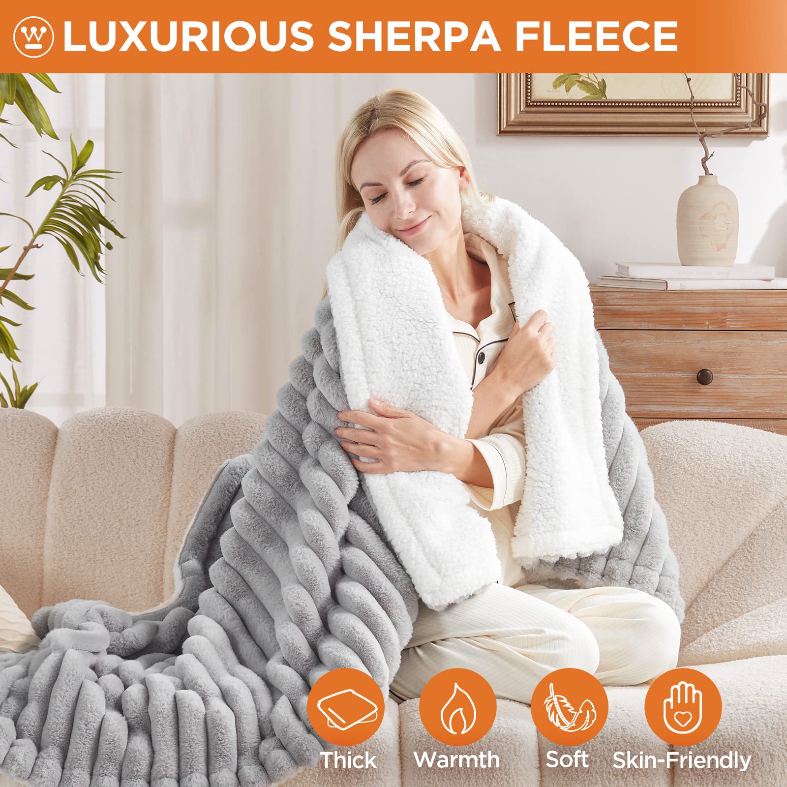 Westinghouse Electric Blanket Heated Throw, Super Cozy Luxury Faux Fur & Sherpa with 6 Heating Levels & 2-10 Hours Auto Off, Fast Heating & Overheat Protection, 50x60 Inch, Light Grey