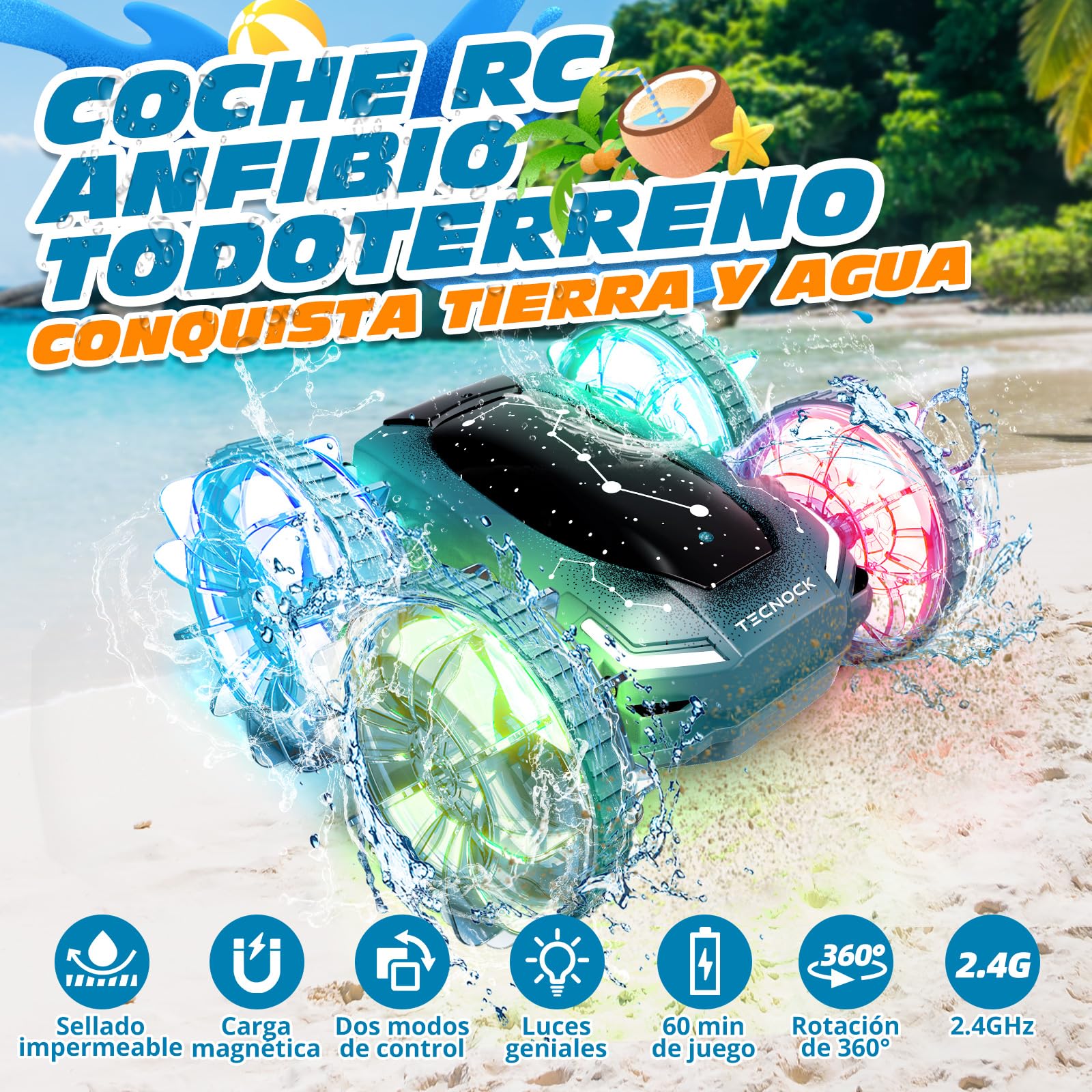 Tecnock Barco Anfibio teledirigido para Coche, Control de Gestos 4WD, Coche RC con Carga magnética, Tiempo de Funcionamiento de 60 Minutos, Luces LED, Juguete de Piscina para niños de 6 a 12 años
