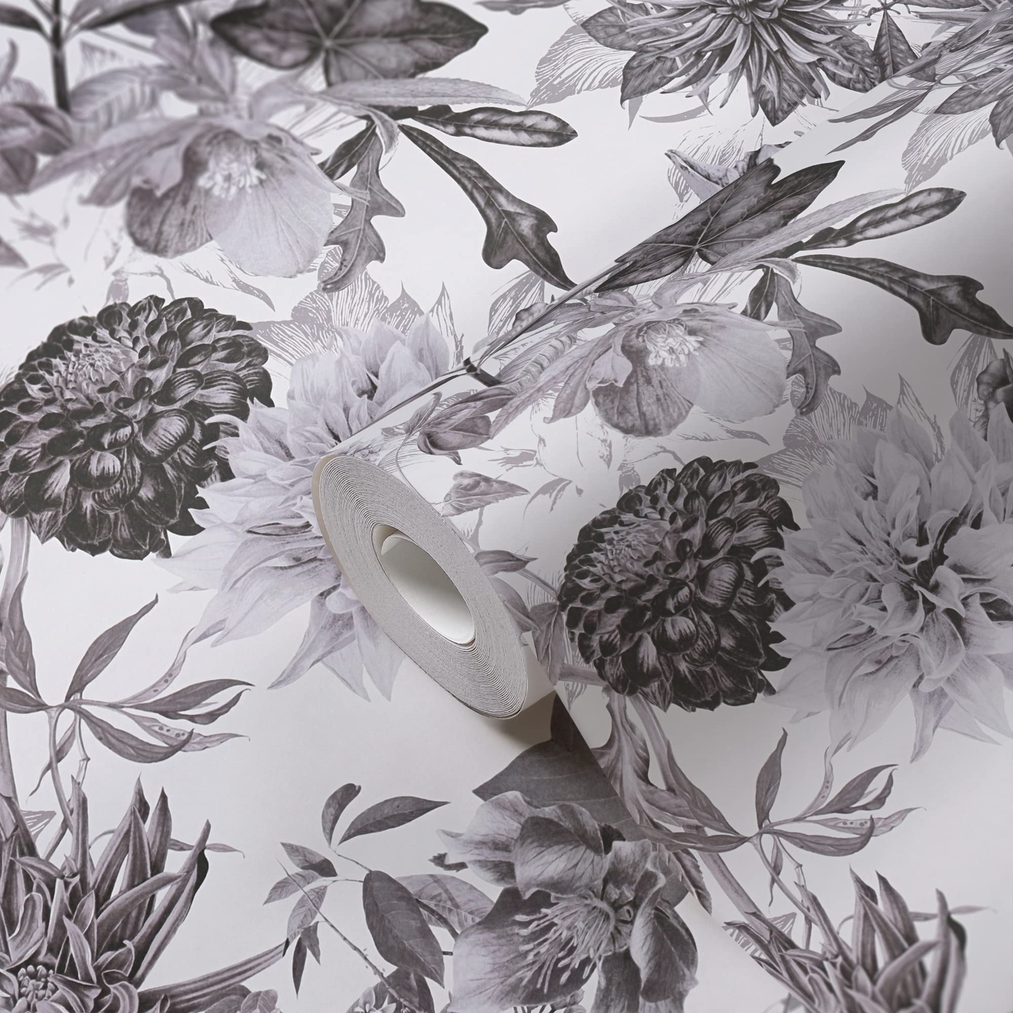 Papier peint non-tissé motif floral gris et blanc rouleau déco 10x0,53m