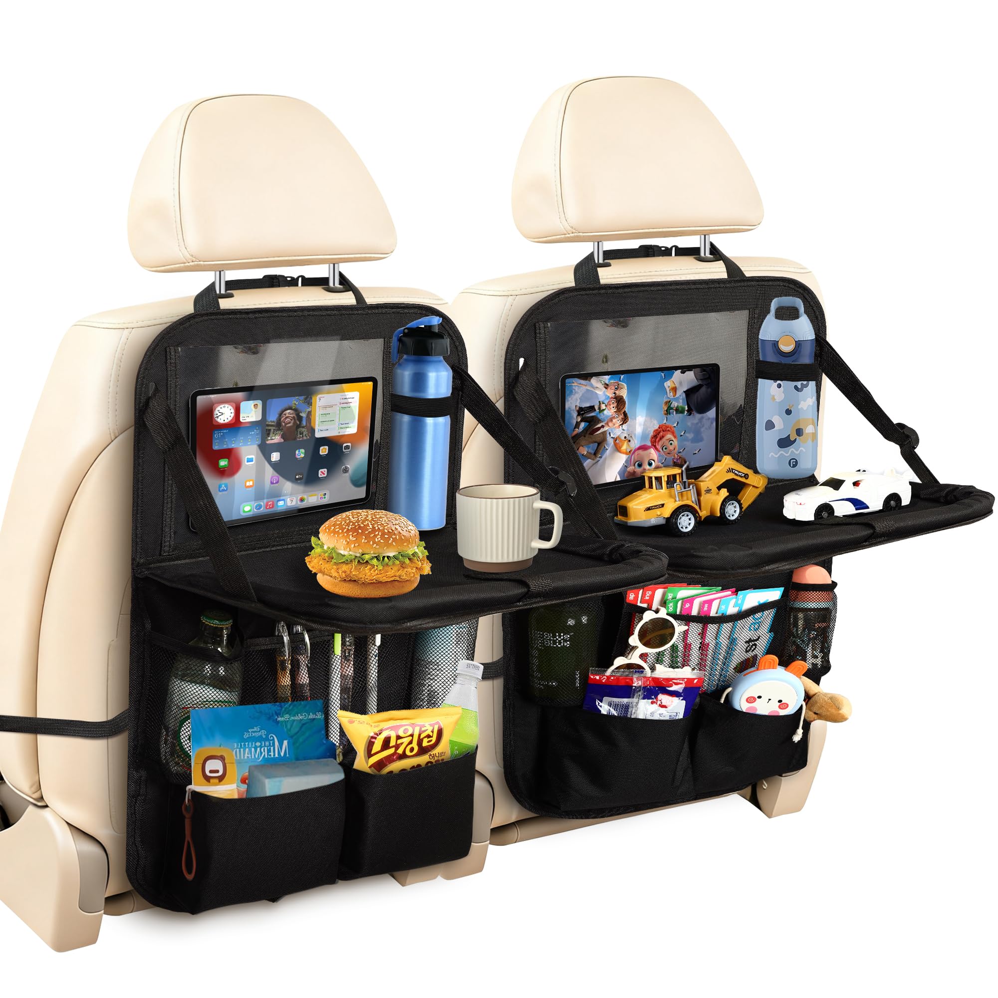 Torven Auto Organizer Kinder 2 Stück mit Klapptisch, 10 Taschen & Touchscreen-Tabletfach, Wasserdichter Rückenlehnenschutz Auto Kinder, Universal Rücksitz Organizer