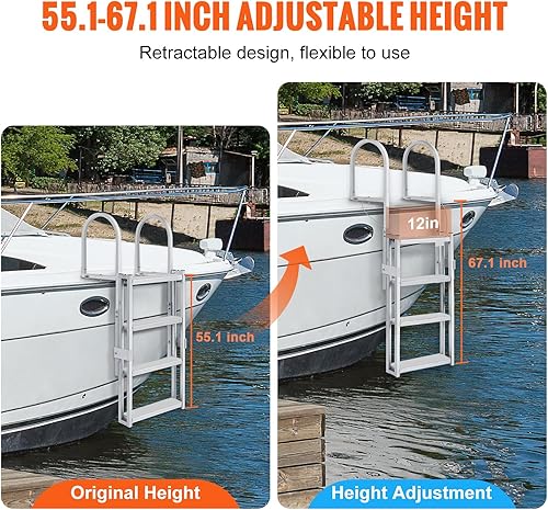 Miniatura 3 de VEVOR Escalera retráctil para muelle con pedales antideslizantes, escalera para barco pontón de 56 a 68 pulgadas de altura total ajustable, escalera