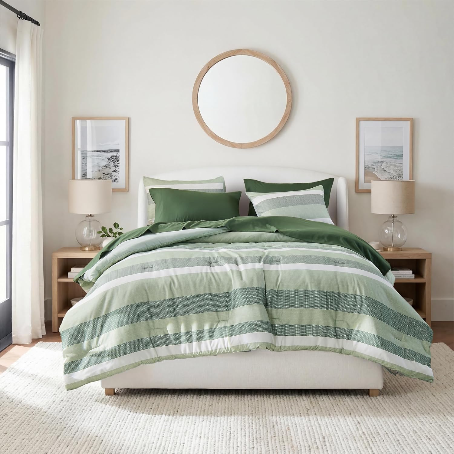 Queen Size Modern Striped Comforter Set, Lightweight Soft Microfiber Bedding Sets for All Season 7 Pieces Bed in A Bag Set with Comforter, Sheets, Pillowcases & Shams, Sage Green