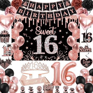 Sweet 16 Party Decorations, Rose Gold 16th Birthday Decorations for Girls Including Sweet 16 Sash & Tiara Set HAPPY BIRTHDAY Banner Backdrop Hanging Garland Swirl Balloons Paper PomPoms Cake Toppers