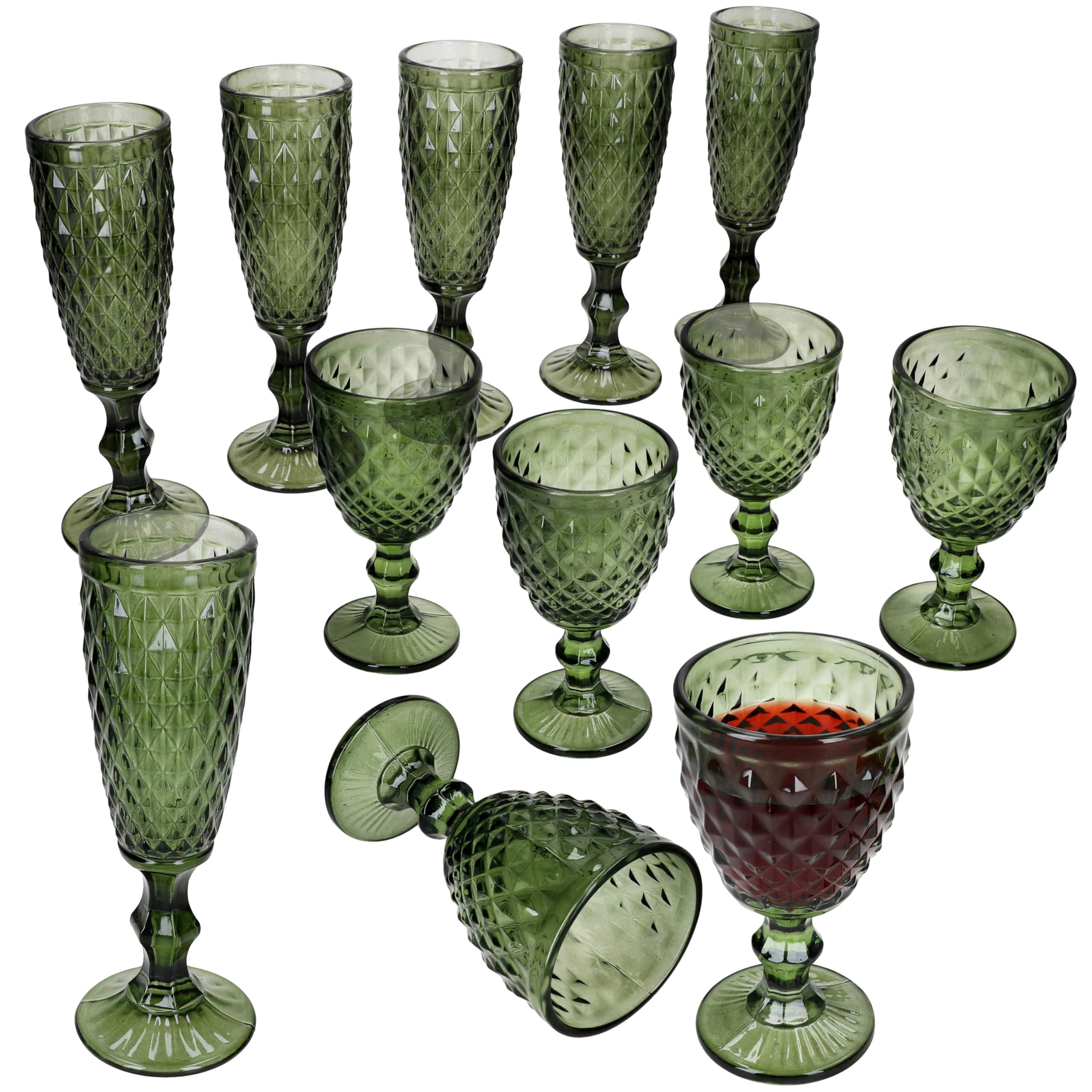 MamboCat Diamond Lot de 12 verres à vin et 6 flûtes à champagne I Verre vert à facettes I Ensemble de verres pour vin, prosecco et champagne I pour les fêtes, Noël, etc.