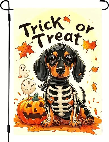 Halloween Trick or Treat Dachshund Garden Flag 12x18 Double Sided