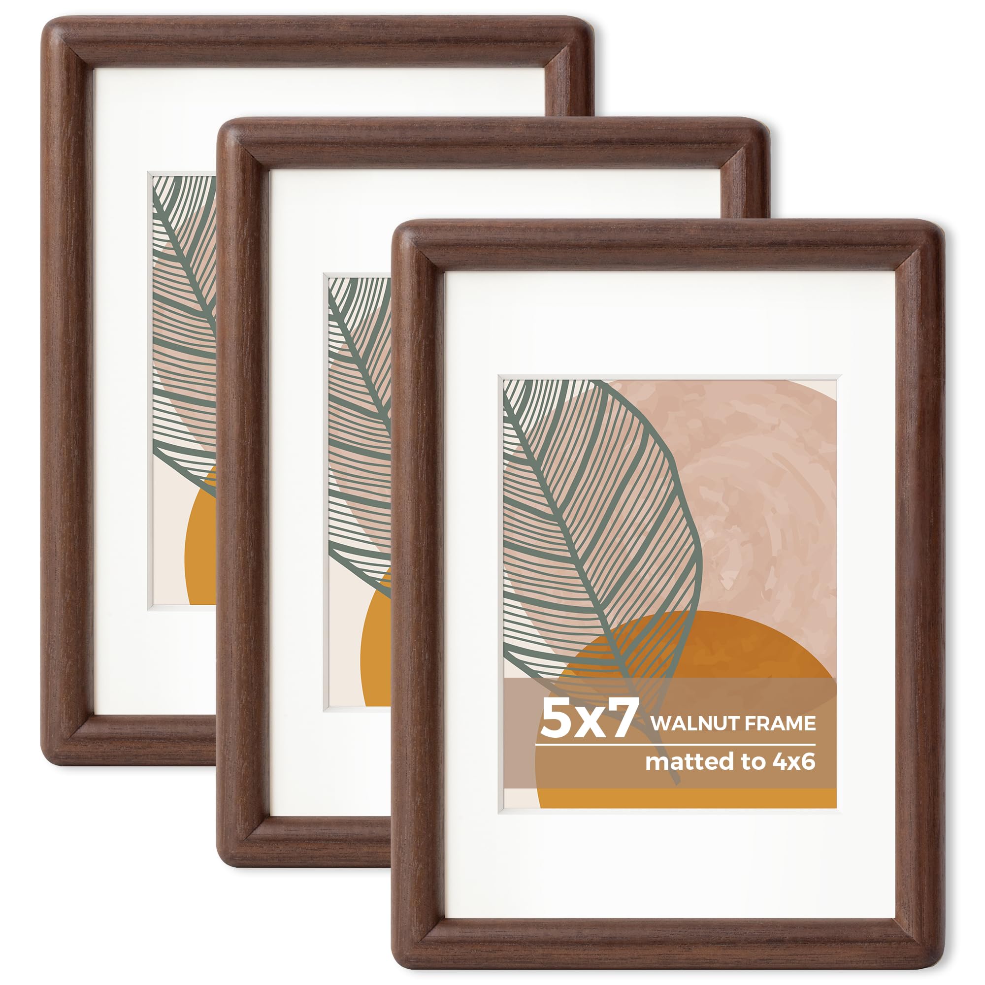 Axeman 5 x 7 Walnut Frame Set of 3 - Rounded Corner 5x7 Picture Frame Matted to 4x6 - Natural Walnut Wood Photo Frame with Tempered Glass for Tabletop Display — image 1