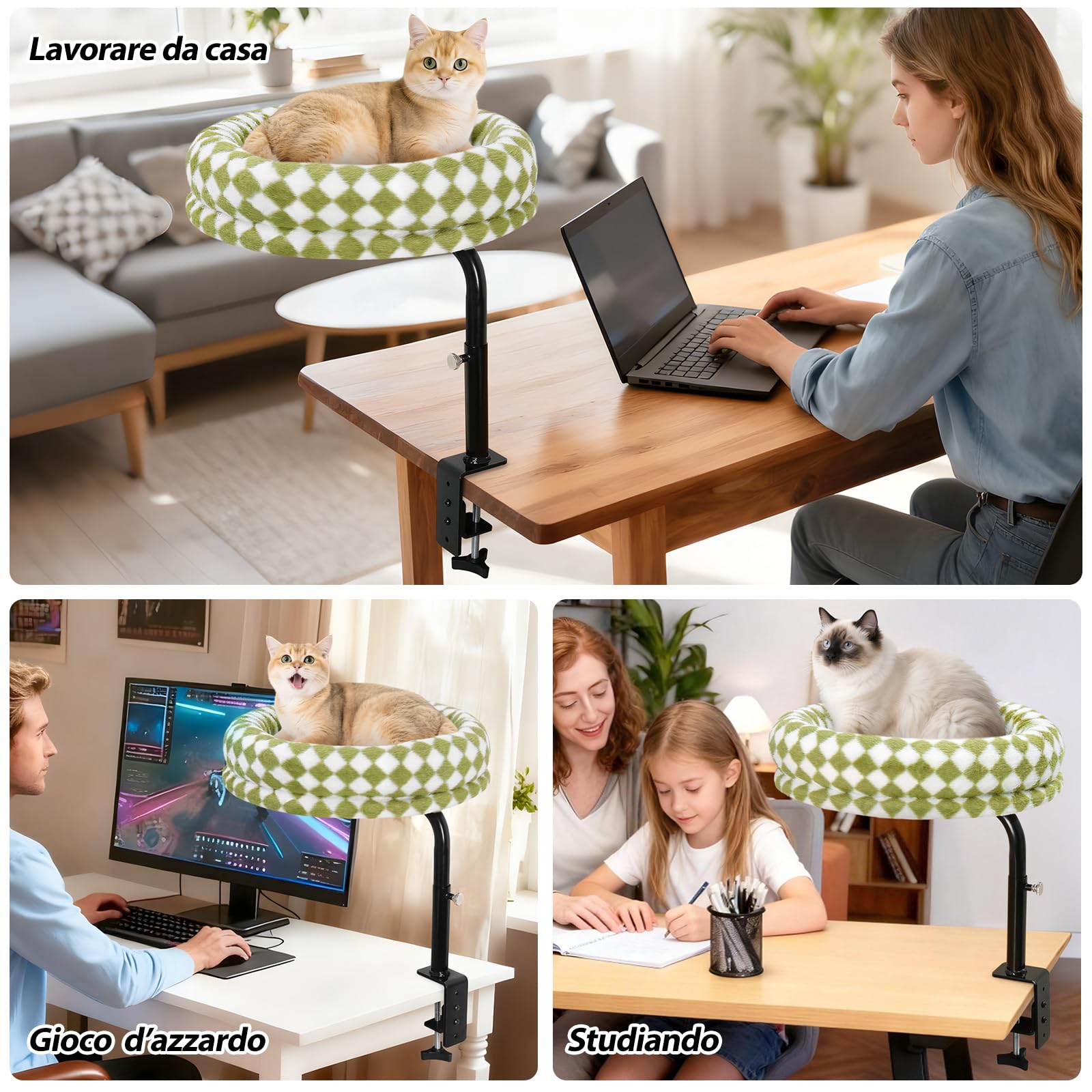 GUUSII HOME Letto per Gatti da Scrivania Girevole a 360° Rialzato Amaca Cuccia Gatti da Interno Fino a 18kg Lettino Trespolo per Gatto Facile da Montare Lavabile in Lavatrice Cat Desk Bed (Verde)