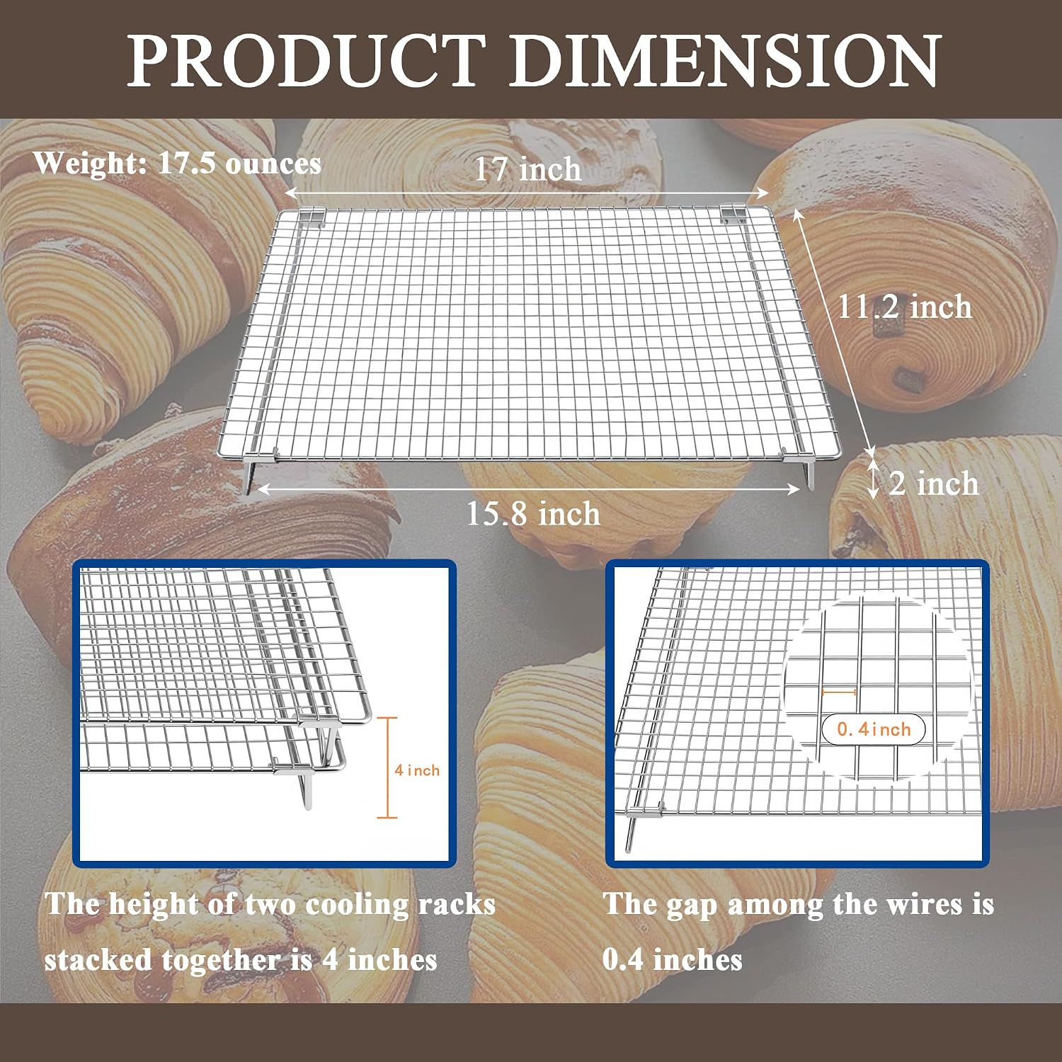 Set of 2 Cooling Racks with Folding Legs，for Cooking, Roasting, Drying, Rust-Resistant 304 (18/8) Stainless Steel Cooling Grilling for Baking, Heavy Duty Tight-Wire, 17 x 11.2 inches