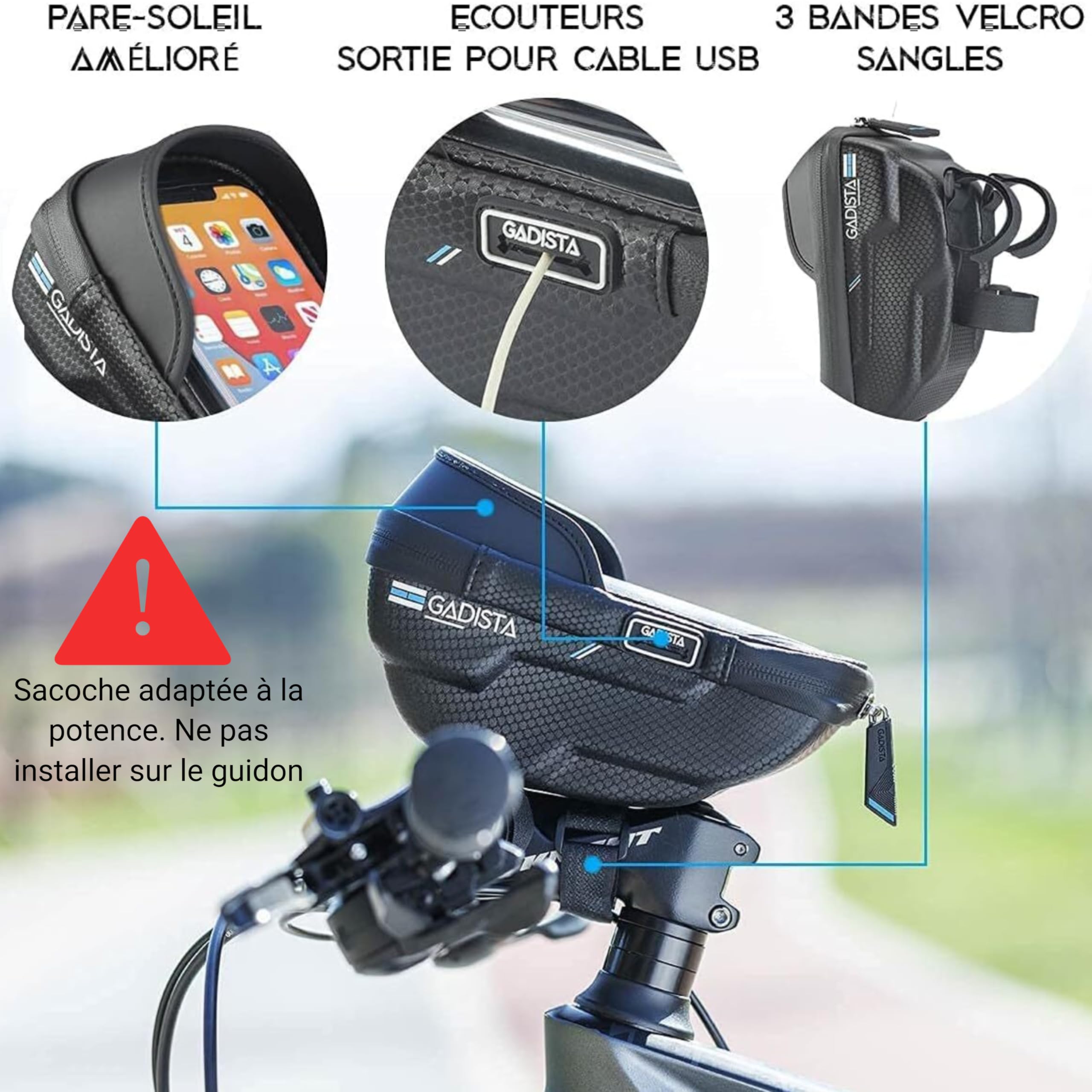 GADISTA® France, Sacoche Velo, Sacoche Guidon Velo étanche pour Smartphone sous 6,5 Pouces. Support Telephone Velo Universel avec écran Tactile et Espace de Rangement. Cadeau Homme Femme noêl