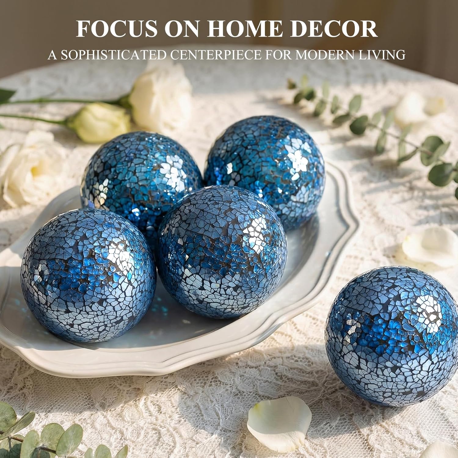 FUTUREPLUSX 5PCS Decorative Balls for Bowls, 3 Inch Blue Orbs Glass Balls for Centerpiece Bowls Mosaic Sphere for Home Decoration Dining Table