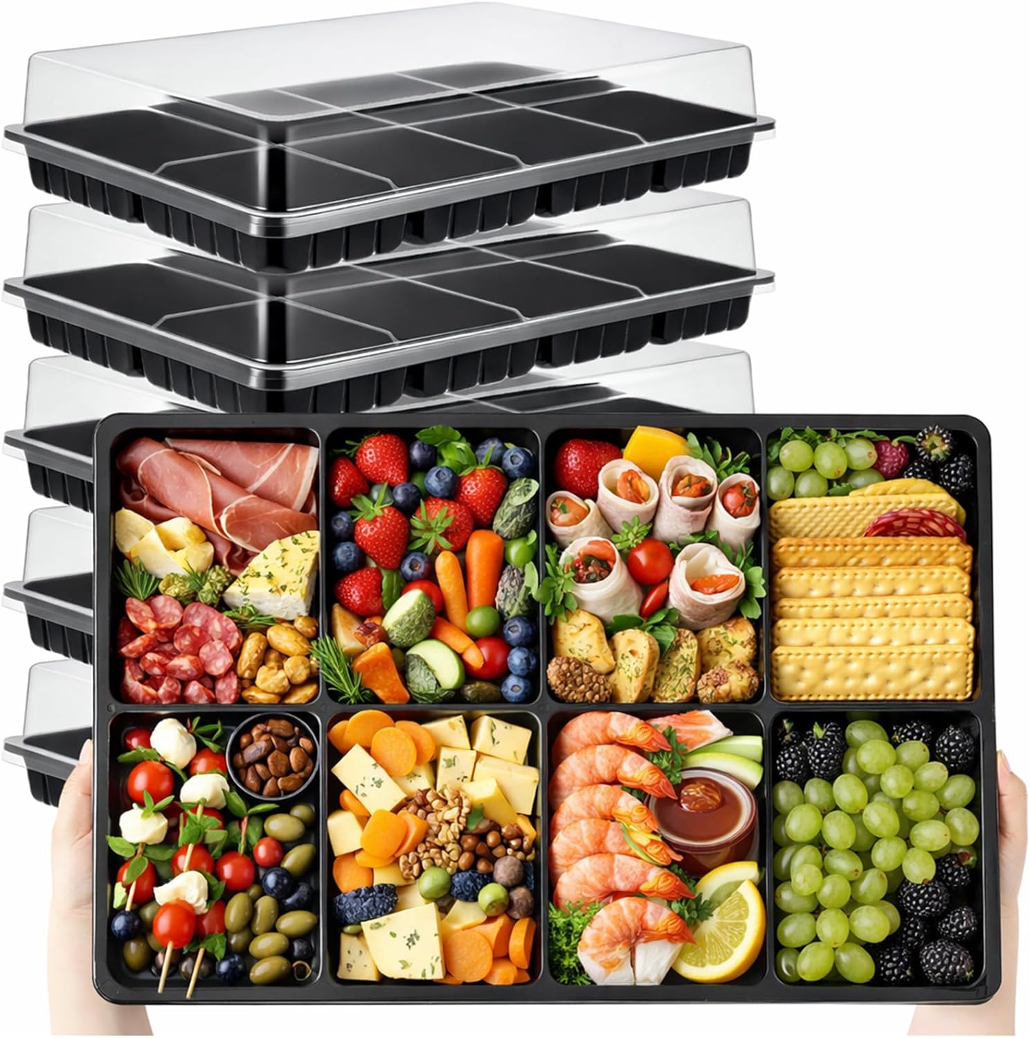 Shellwei 10 Pack 8 Compartments Divided Charcuterie Board with Lid Large 15 x 10 Inch Disposable Catering Serving Trays with Lid Reusable Plastic Serving Platter