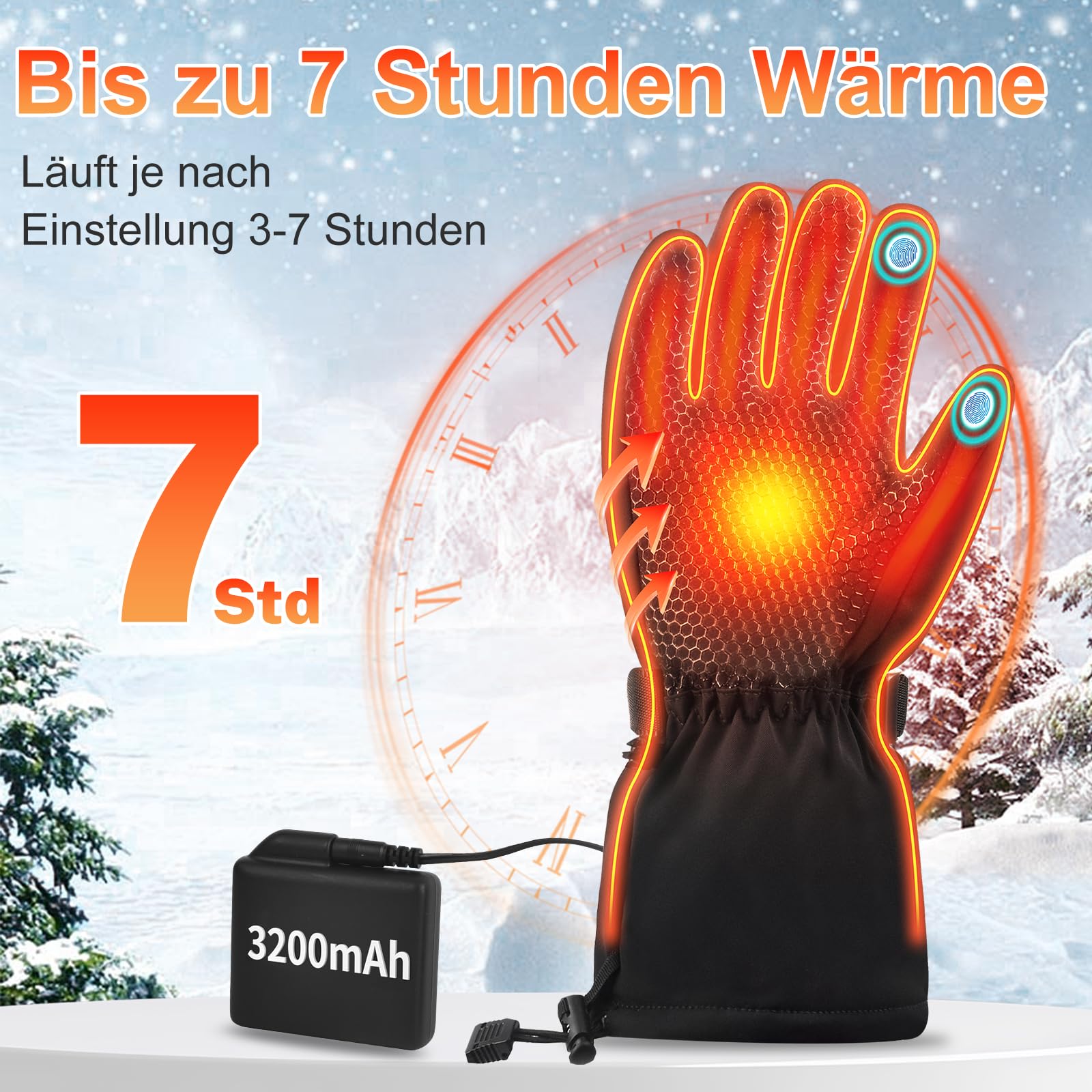 Beheizbare Skihandschuhe mit 7.4V 6400 mAh Akku, 3 Heizstufen, Winterhandschuhe für Skifahren Radfahren Motorrad
