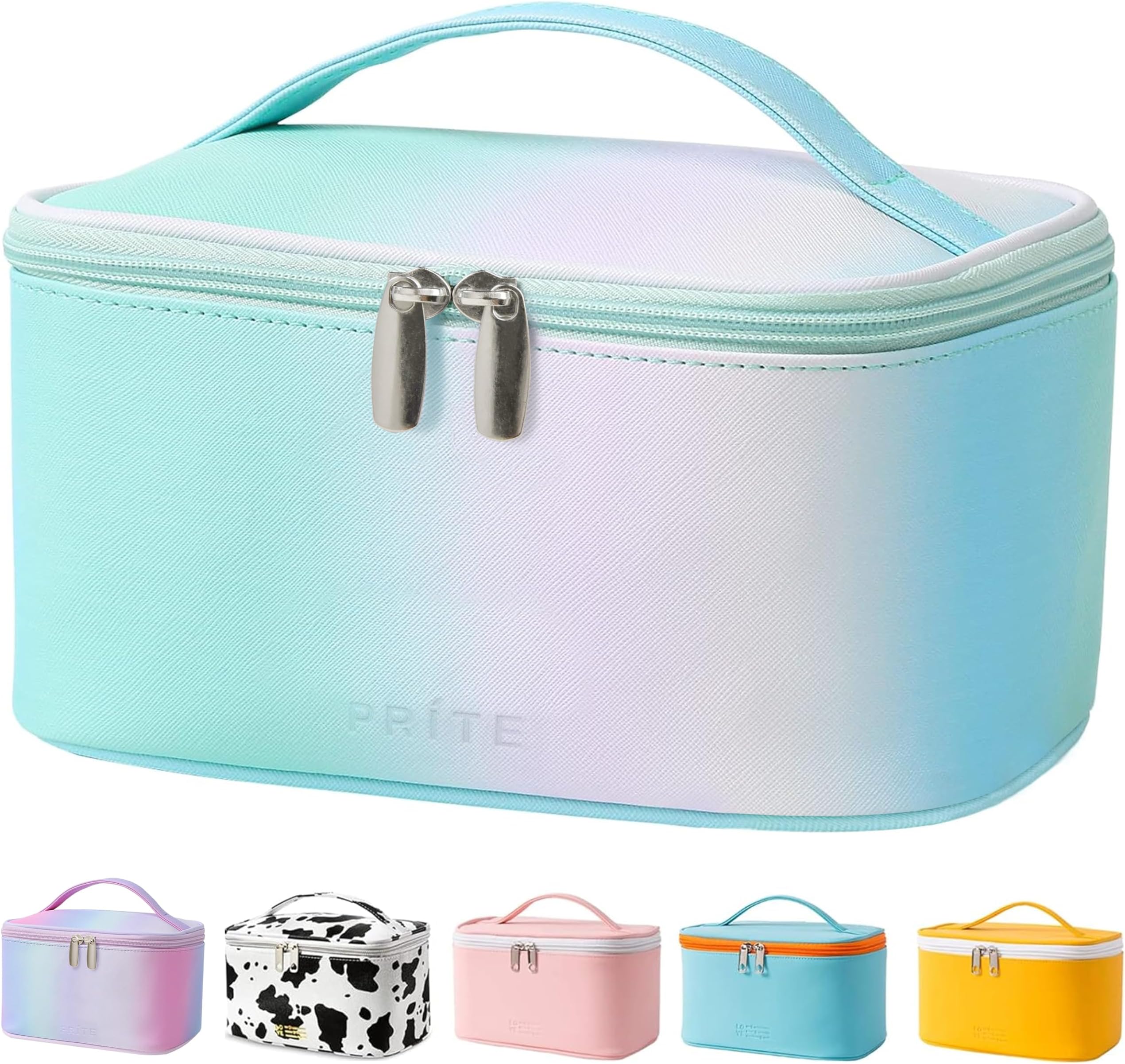 Makeup Bag Portable Travel Cosmetic Bag for Women, Beauty Zipper Makeup Organizer PU Leather Washable Waterproof(Rainbow Green)