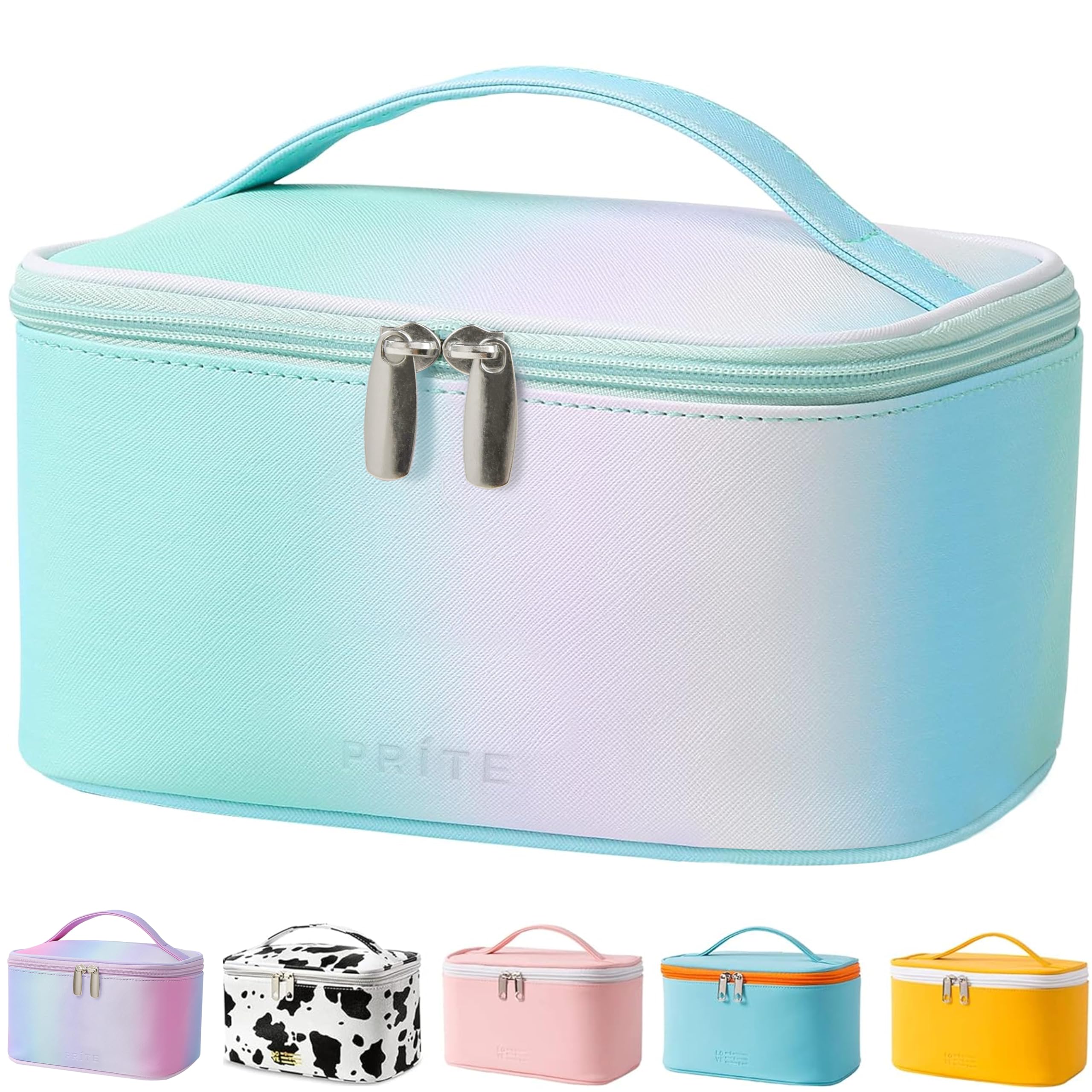 Makeup Bag Portable Travel Cosmetic Bag for Women, Beauty Zipper Makeup Organizer PU Leather Washable Waterproof（Rainbow Green)