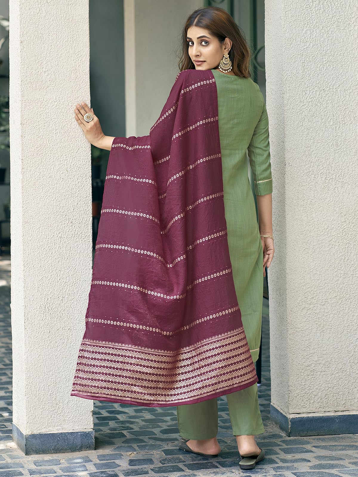 Sanisa Women's Cotton Blend Sequence Embroidery Work Straight Kurta With Pant And Dupatta Set| Ethnic Set | Suit Set | Kurta Set(166Kbd1783N-S_Pista Green)