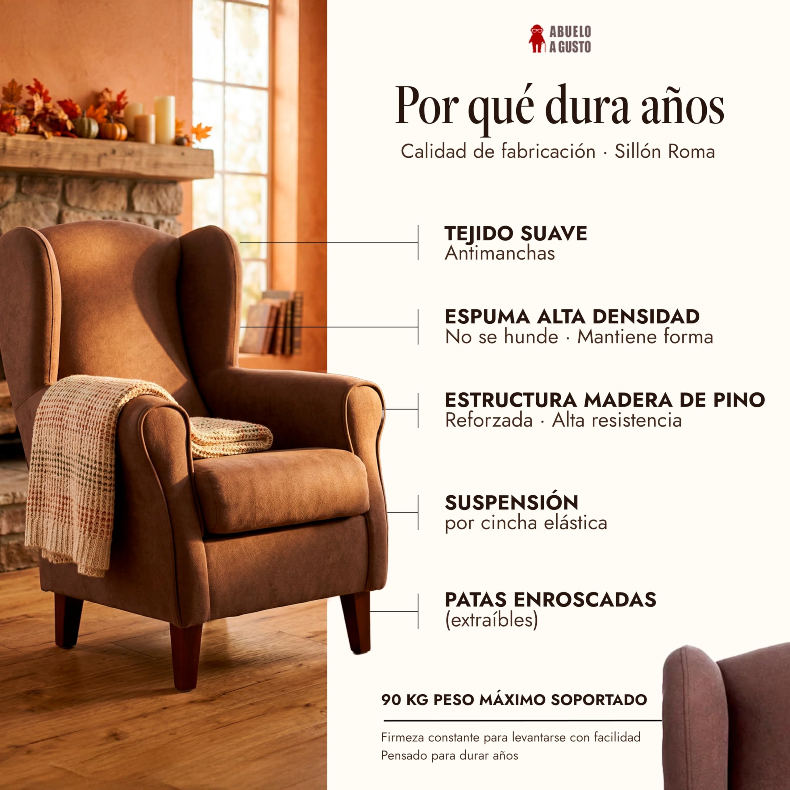 Abuelo A Gusto | Sillón Orejero Individual Roma - Compacto para Salón y Dormitorio - 106x74x78cm - Butaca de Lectura Cómoda y Ligera - Tela Antimanchas, Respaldo Alto y Sentada Firme (Marrón)