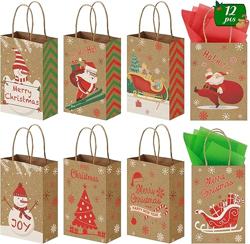 VGOODALL 12 bolsas de regalo de Navidad con papel de seda, bolsas de regalo de Navidad con asa, bolsas de regalos de Navidad para intercambio de
