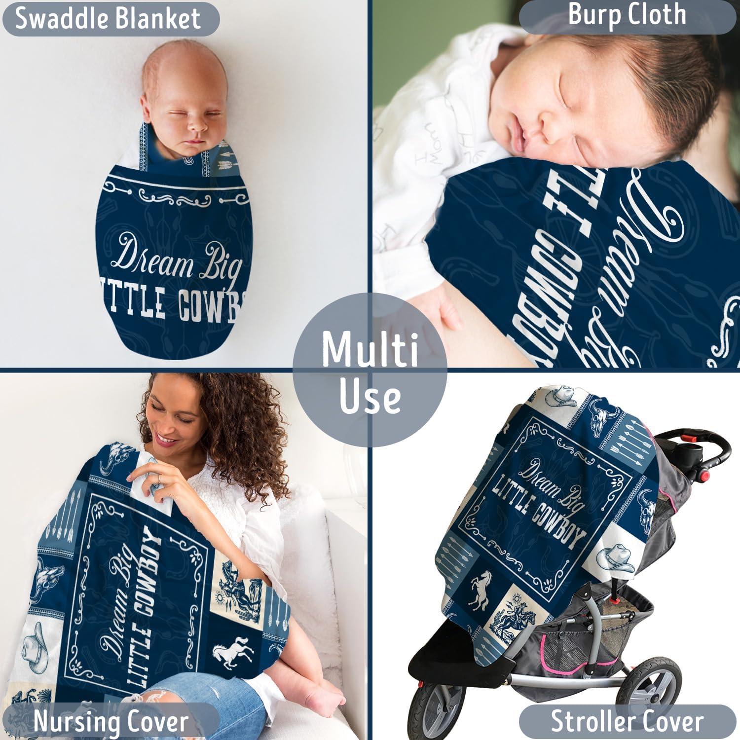 Western Baby Blanket, Western Decor for Nursery Room, Baby Blankets for Boys Girls, Cowboy Baby Blankets, Western Baby Stuff, Soft Warm Lightweight Nursery Bed Blanket for Newborn Toddlers Blue Themed