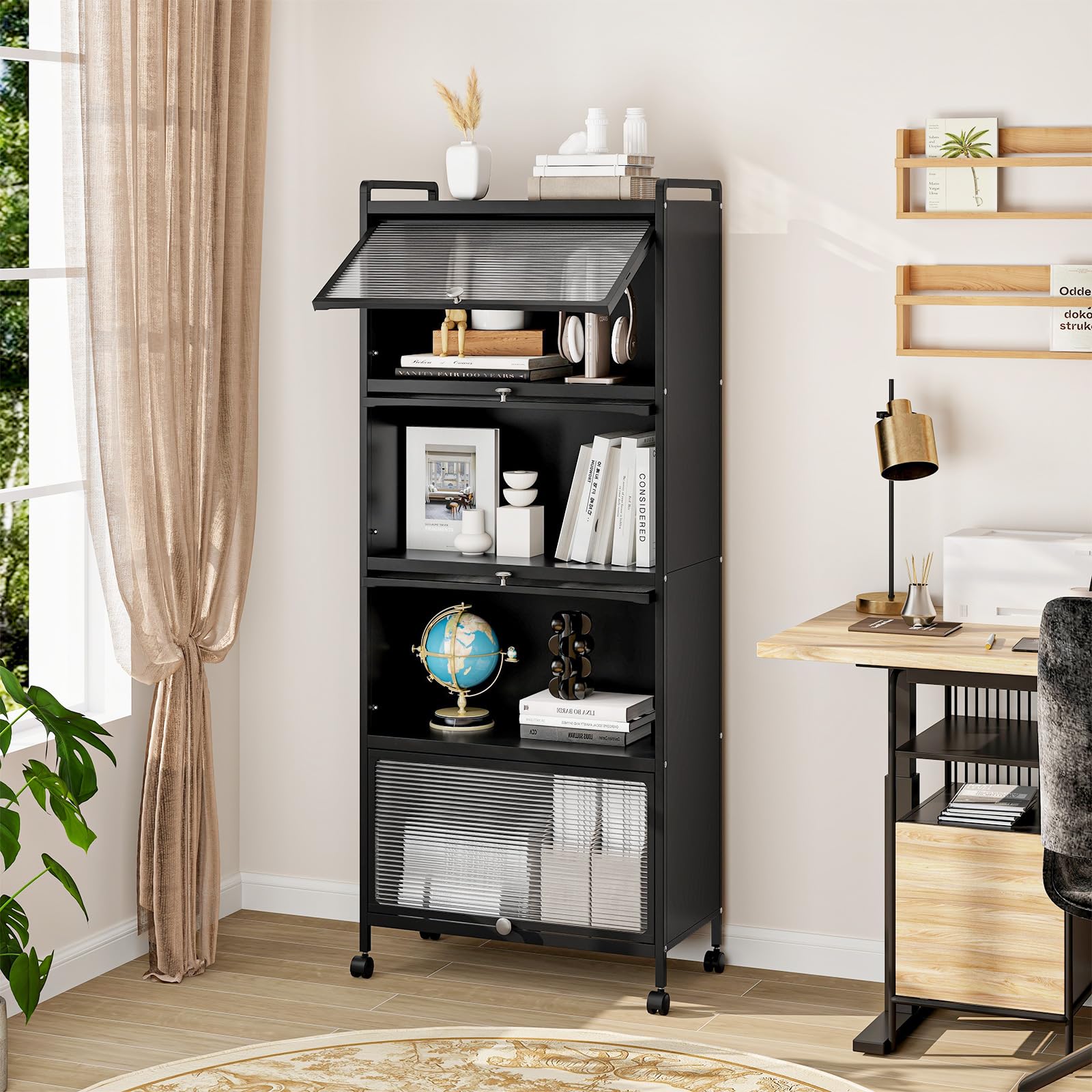 GIANTEX Armario de Cocina de Metal con 4 Compartimentos, 60 x 32 x 154 cm, 4 Puertas Abatibles de PC, Armario de Almacenamiento con 4 Ruedas con Kit Antivuelco, para Cocina, Comedor (Negro)