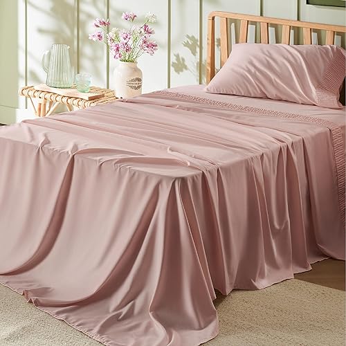 Bedsure Juego de sábanas para cama individual, sábanas suaves para cama individual, 3 piezas de lujo, color rosa polvoriento, juego de sábanas de