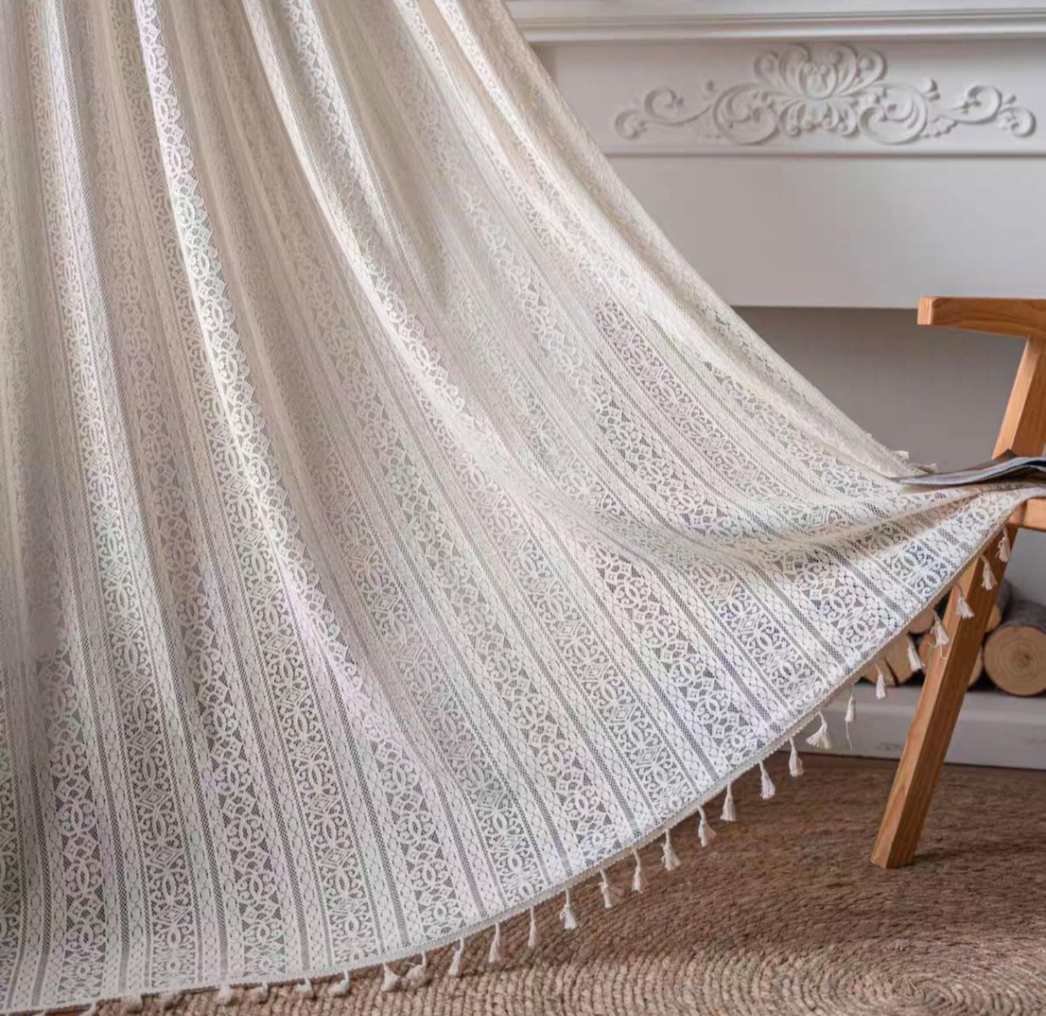 Voile rideau boho blanc 150x220 transparent crochet à gland style ferme