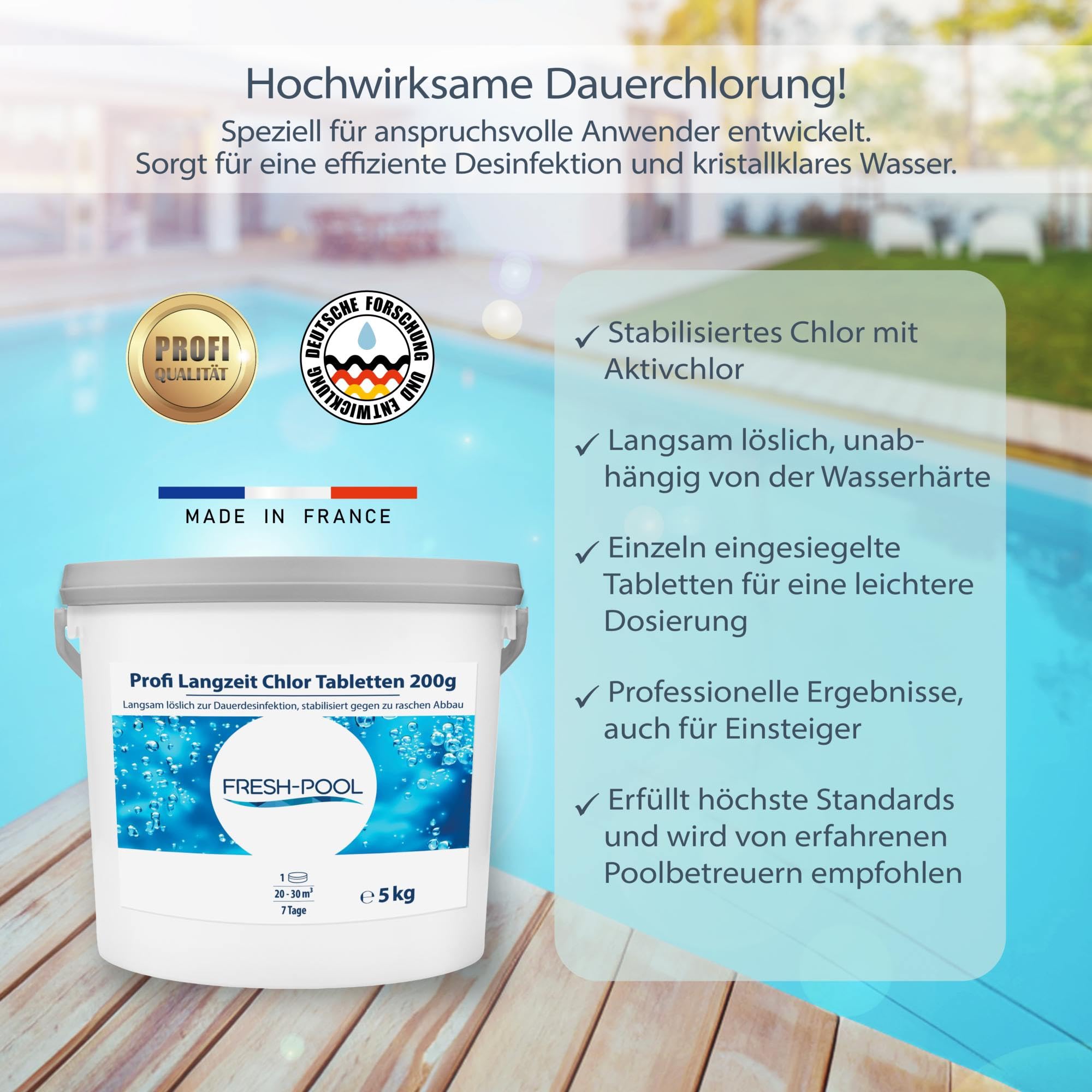 Fresh-Pool Profi Langzeit Chlor Tabletten 200g 5 kg - Chlortabs/Chlortabletten für Pool | Chlor Langzeittabletten Pool | Langzeit Chlortabletten 200g