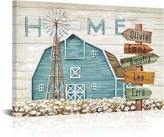 iLOOKLiKE Personalized Farmhouse Barn with Crossroads Street Sign Family Name Decor Rustic Country Windmill Canvas Prints Custom Multi Name Poster Gifts Ideas for Home Living Room Framed Decoration