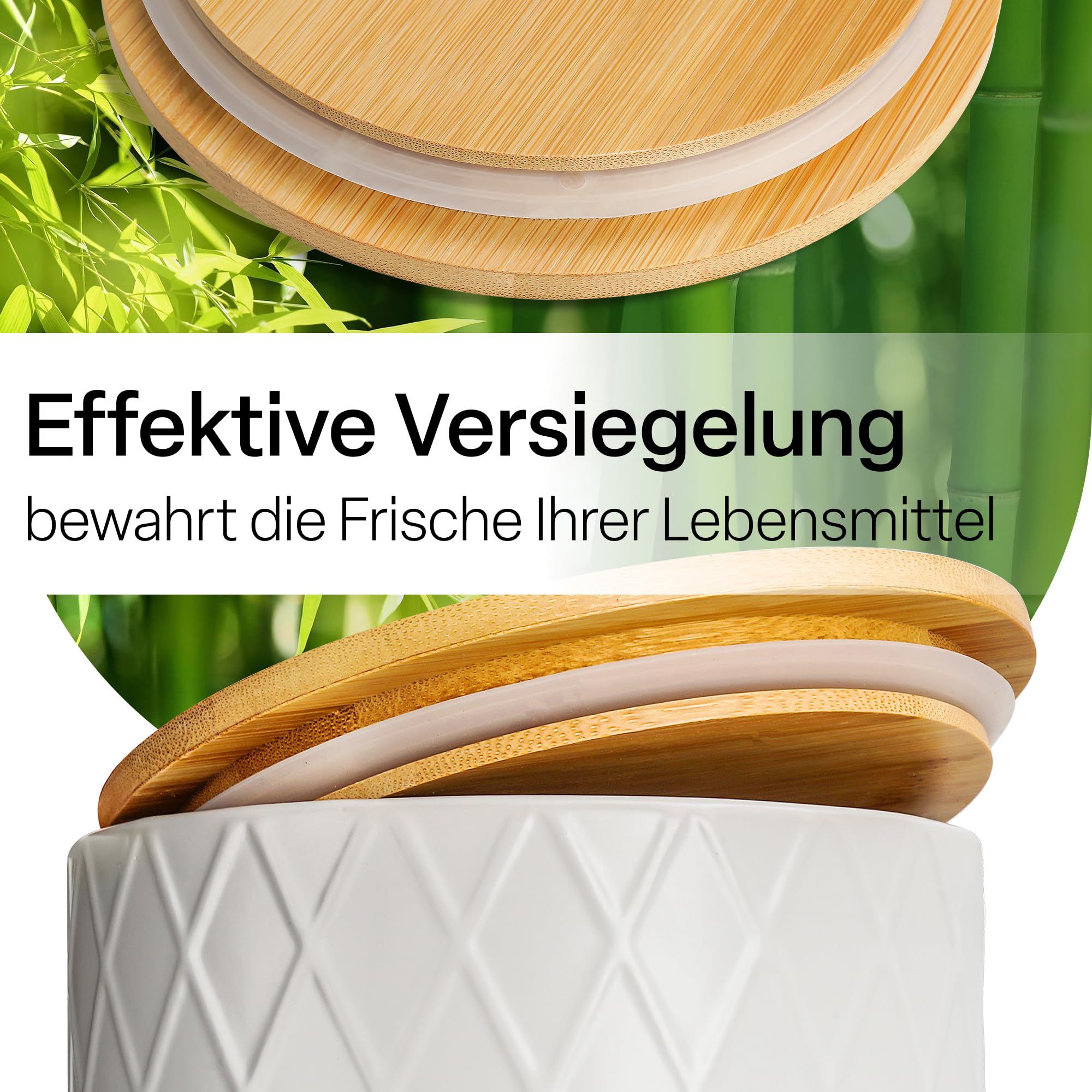 MIAMIO - Vorratsdosen Set 6 / Keramikdosen für Küche - Palmanova (Weiß) | Keramik-Vorratsdosen mit luftdichten Holzdeckeln für Kaffee, Tee, Zucker, Mehl und Salz zur Küchenaufbewahrung zu Hause