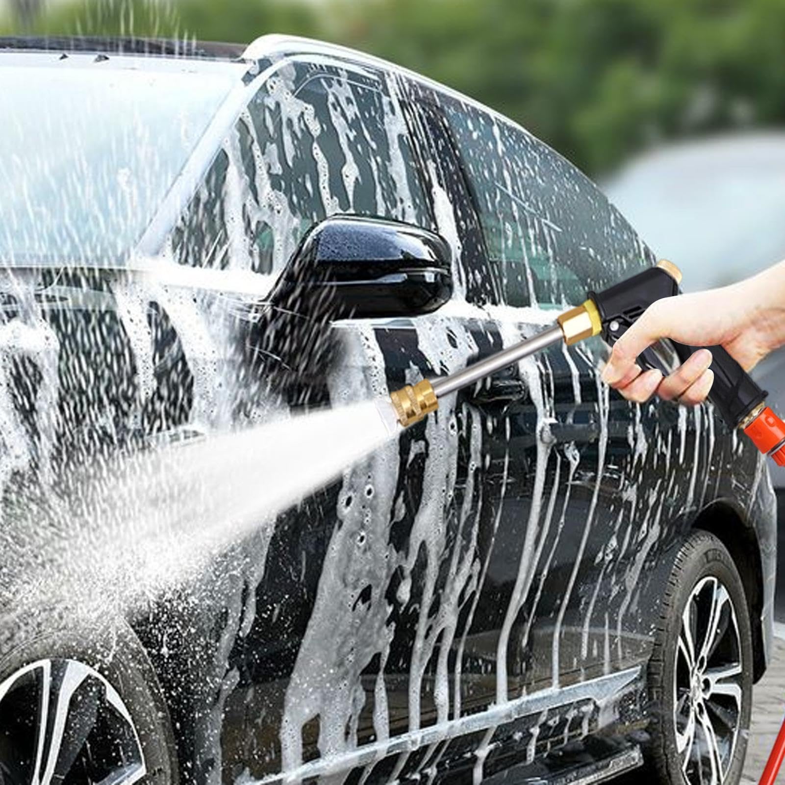 Limpiador a Presión para Coches con Manguera y Pulverizador de Bomba de | Kit Lavado Coches 12V con Depósito Espuma Para Limpieza De Vehículos, Exteriores, Patios, Jardines, Ventanas, Paredes