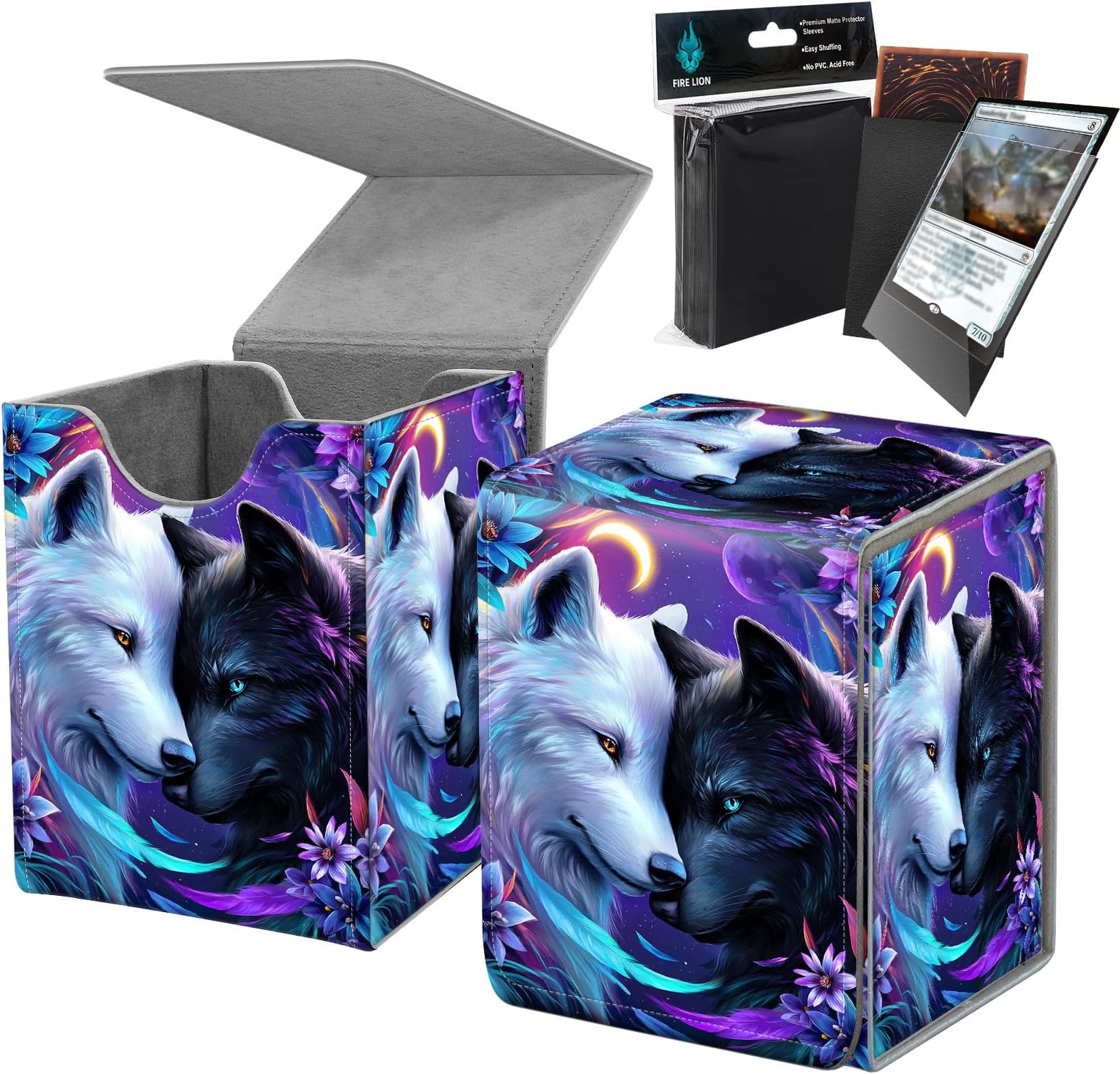Deck Box MTG with Card Protectors Sleeves,Holds 80 Sleeved Gaming Cards,Deck Box with Strong Magnetic Closure,Securely Keeps Cards Safe,Wolf Purple Flower-2