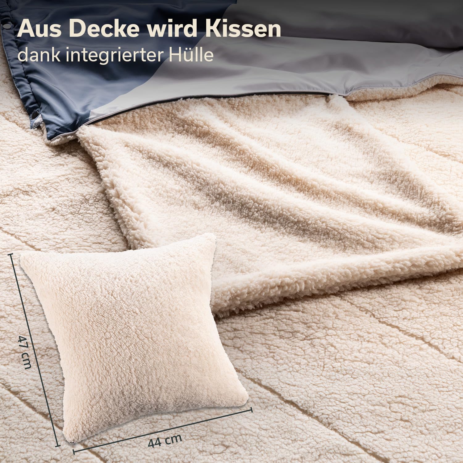 Skandika Campingdecke Liva | 4-in-1 Outdoor Decke, 200 x 135 cm, Überwurf, Schlafsack, Kissen, mit Teddyfell oder Nylon Unterseite, Wattierung aus Polyester, wasserdicht (Berge | Teddyfell)