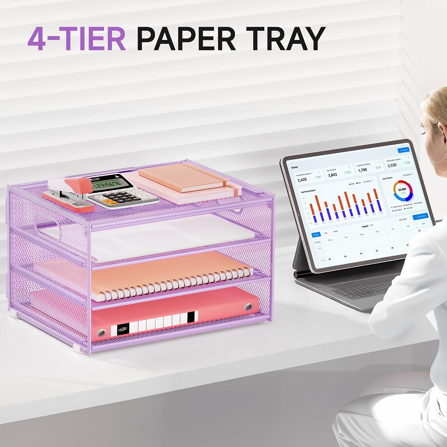 Lavatino 3-Tier Letter Tray Desk Organizer, Mesh Paper File Tray Organizer for Desk, Office Supplies & Home Organization, Fits A4 Paper, Mail, Magazines & Office Accessories (Purple with Handle) image 4