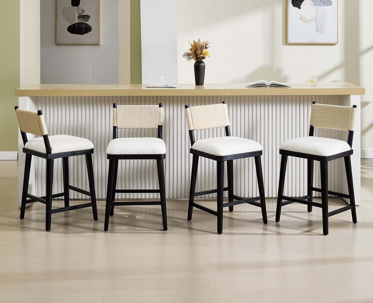 EALSON Rattan Modern Farmhouse Bar Stools Set of 4 Wooden Barstools with Woven Rope Backs 26 Inch Counter Stool Boucle Upholstered Breakfast Bar Chairs for Kitchen Island, Black and White